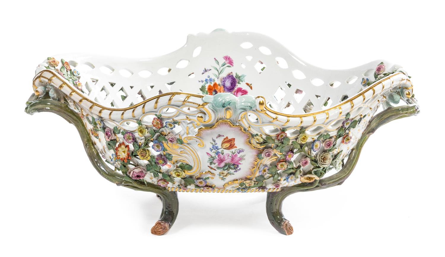 A Large Meissen Porcelain Centerpiece Basket Height 12 x width 28 1/2 inches.