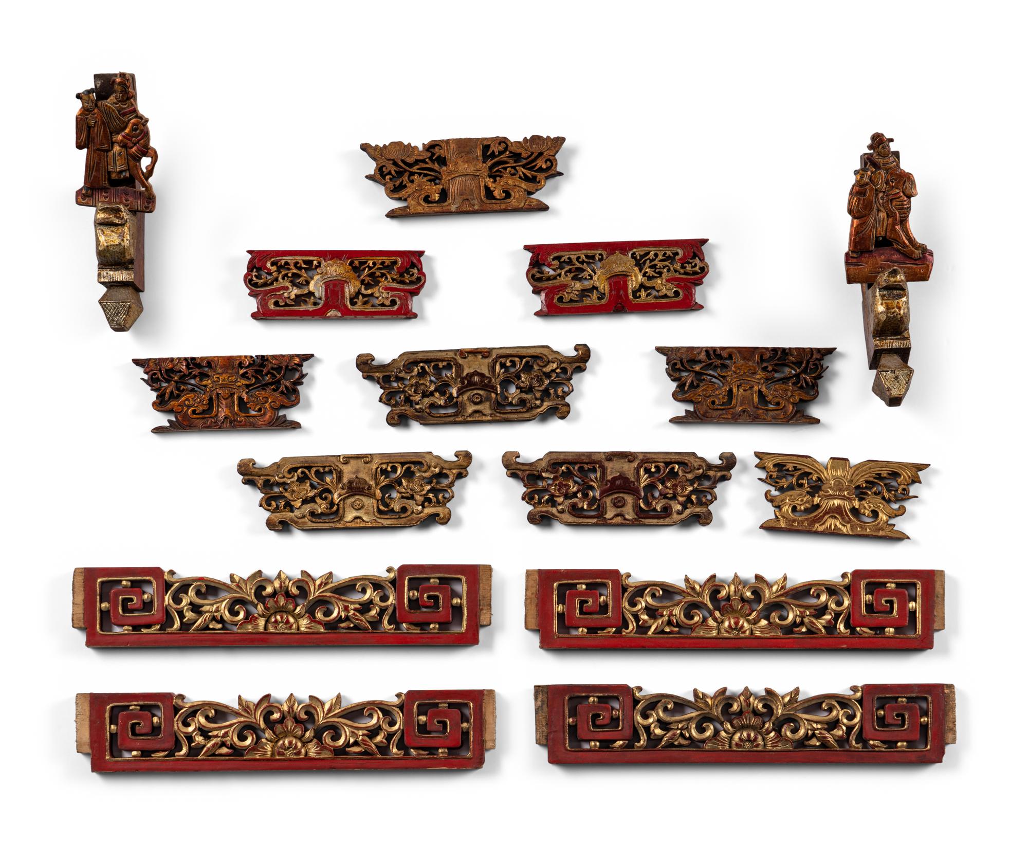 A Group of Chinese Gilt and Red Lacquered Wood Fragments