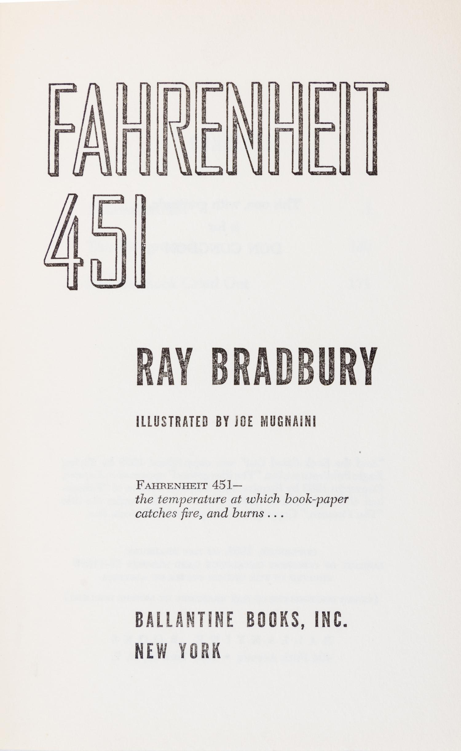 BRADBURY, RAY. Farhenheit 451. New York, [1953]. First hardbound trade edition.