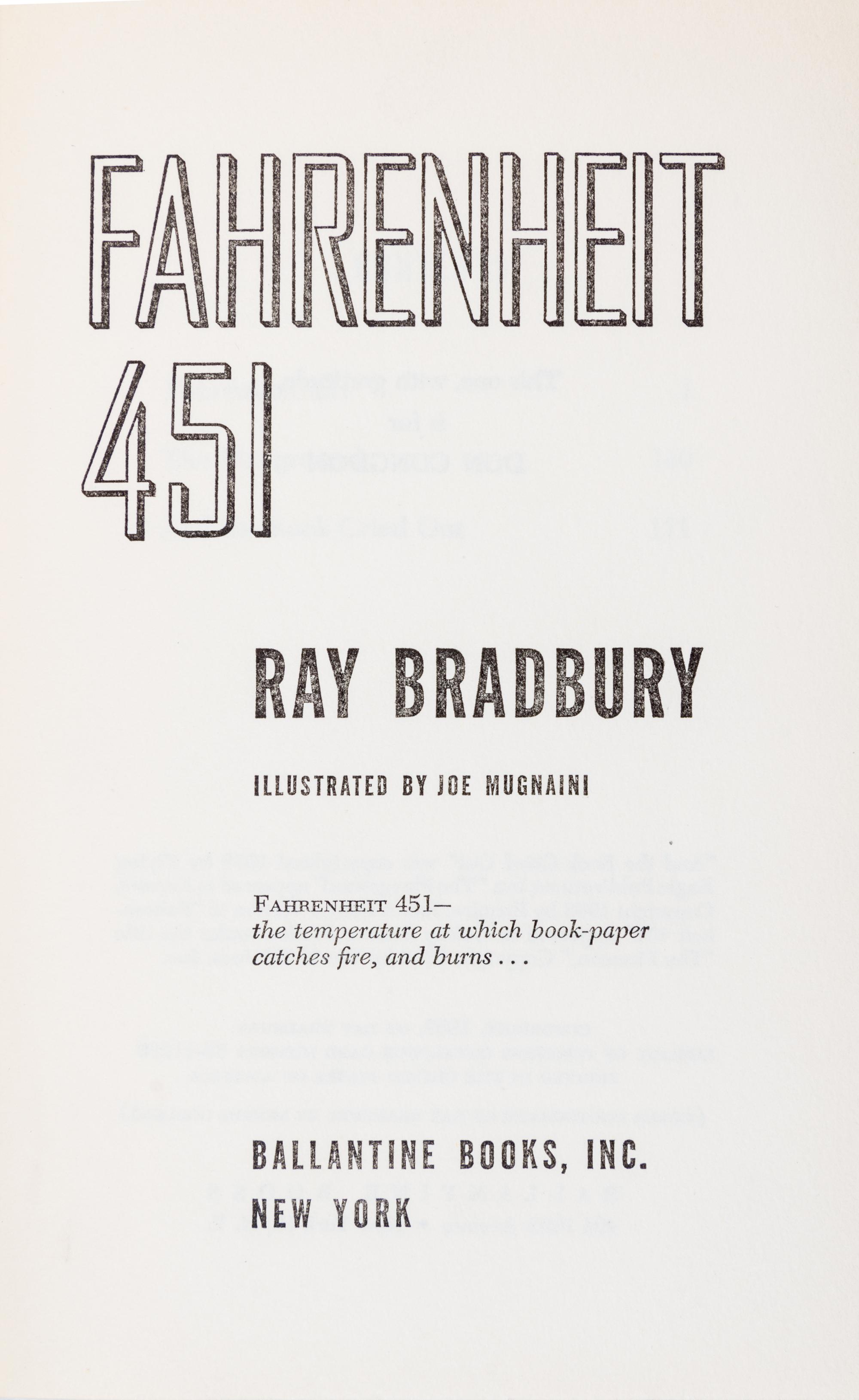 BRADBURY, RAY. Farhenheit 451. New York, [1953]. First hardbound trade edition.