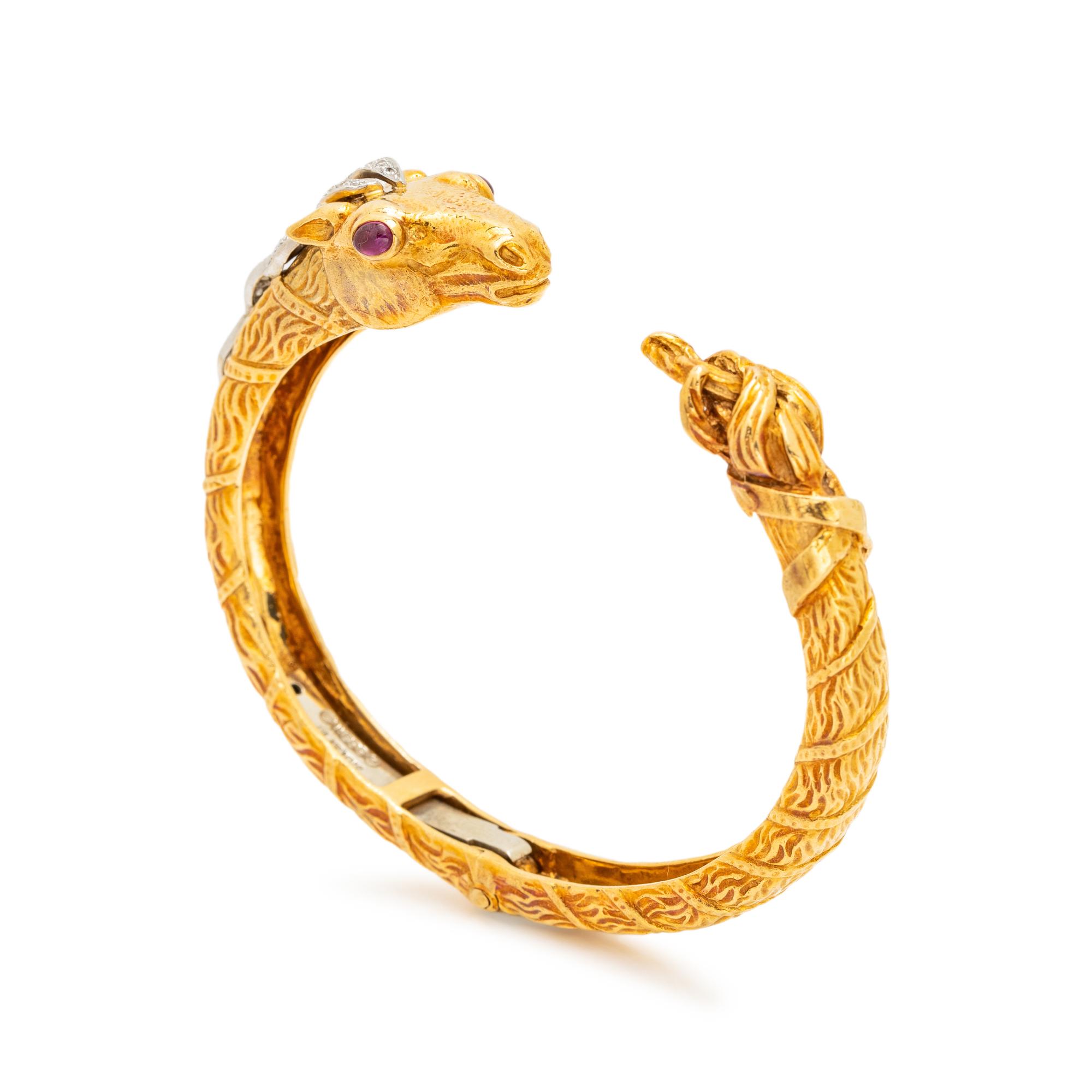 DAVID WEBB, YELLOW GOLD, DIAMOND AND RUBY HORSE CUFF BRACELET