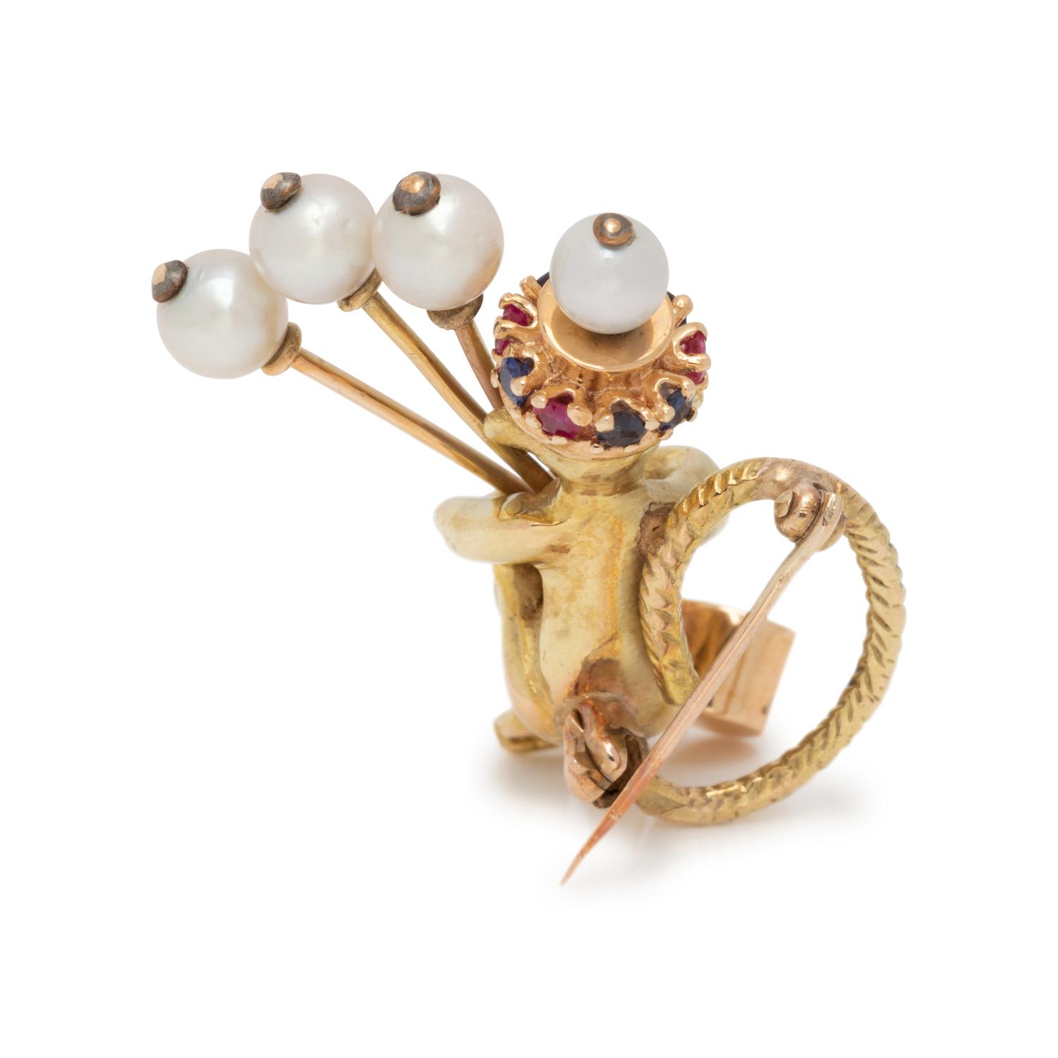 YELLOW GOLD AND MULTIGEM MONKEY BROOCH