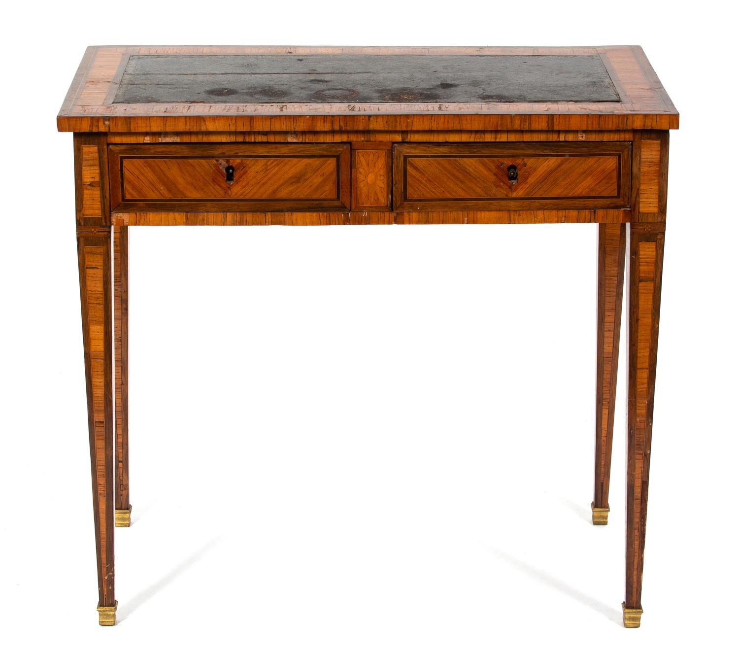 A Louis Philippe Style Inlaid Tulipwood Writing Table Height 28 1/2 x width 30 3/4 x depth 16 inches. — 19TH CENTURY