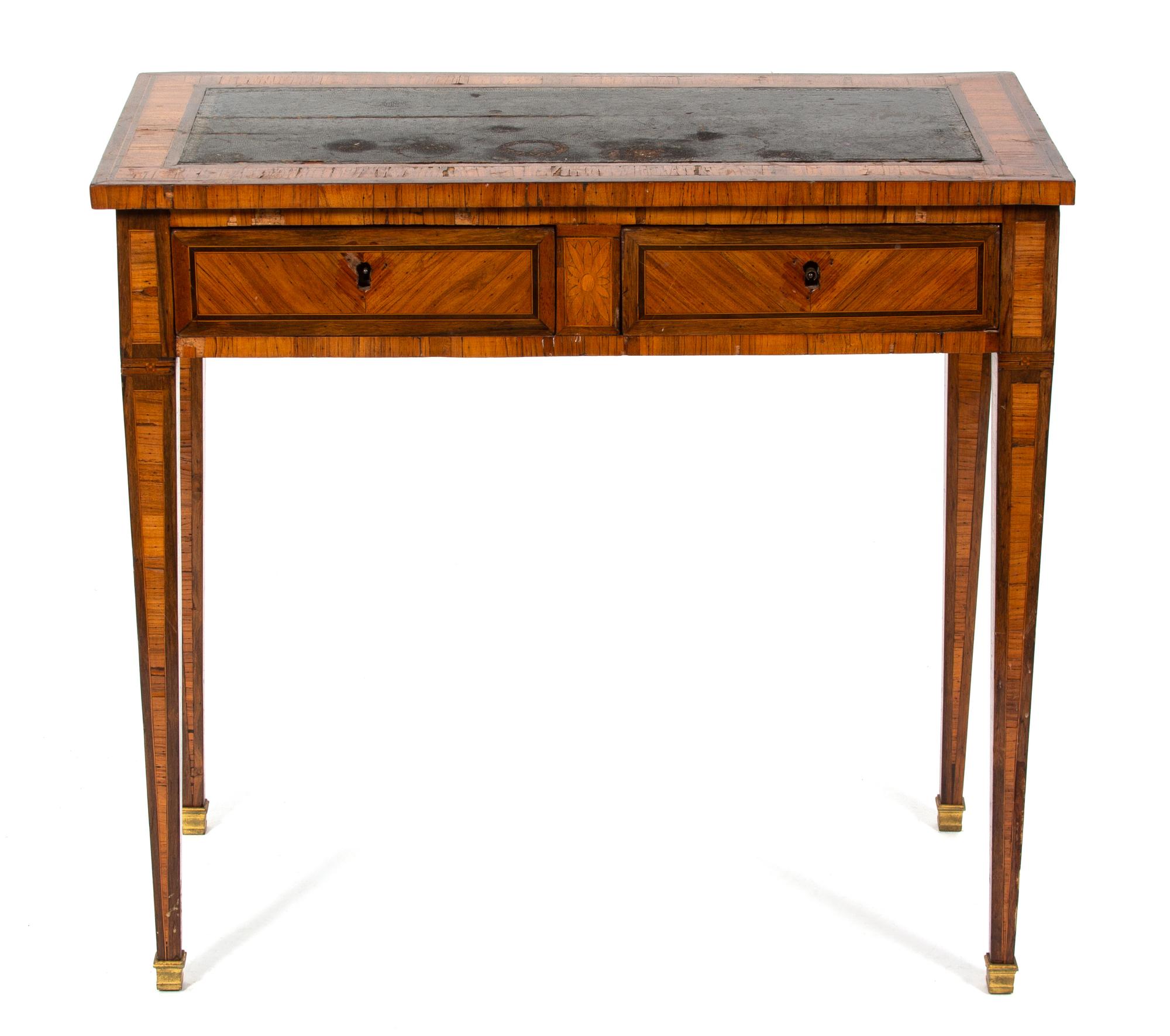 A Louis Philippe Style Inlaid Tulipwood Writing Table Height 28 1/2 x width 30 3/4 x depth 16 inches. — 19TH CENTURY