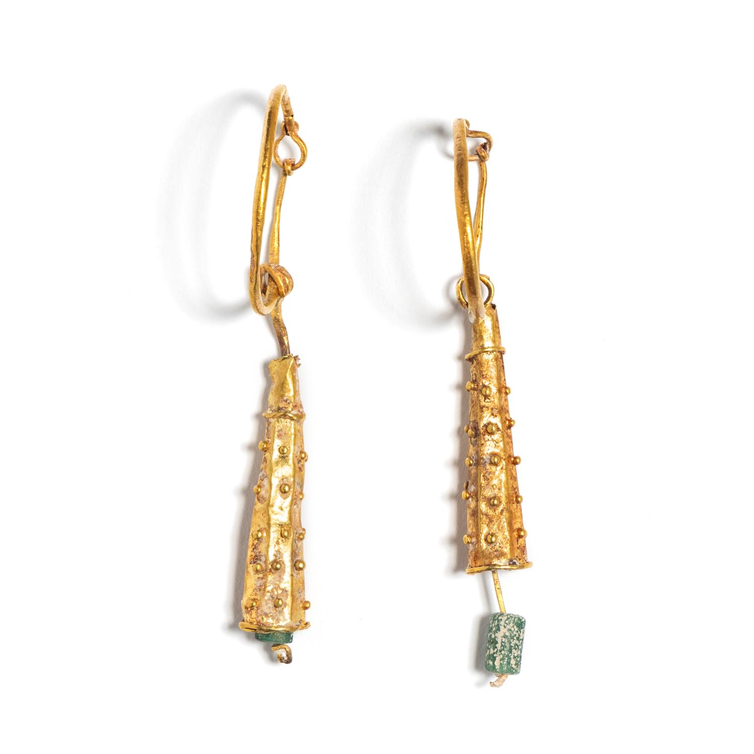 A Pair of Roman Gold and Green Glass Hoop Earrings with the 'Club of Hercules' Pedants