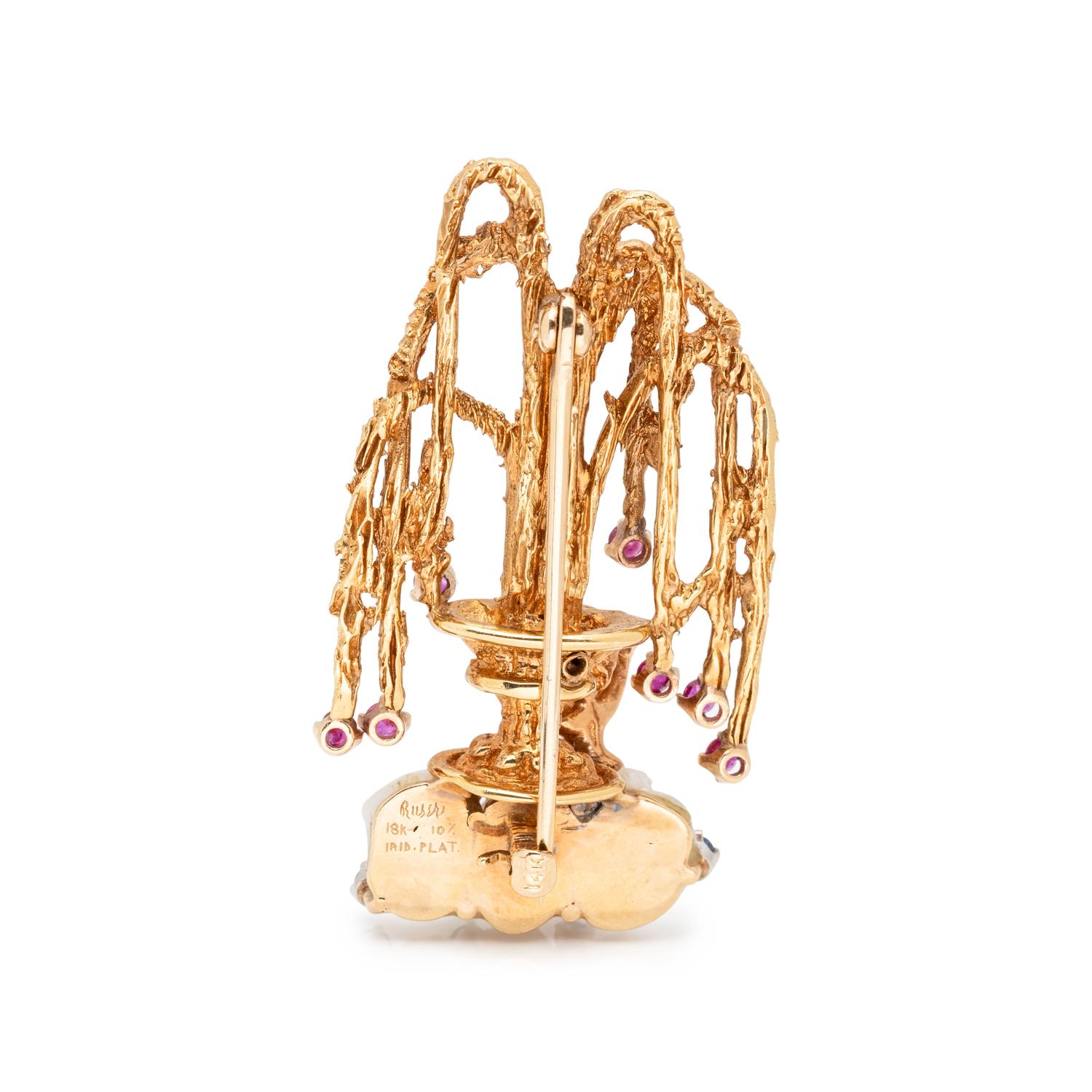 RUSER, YELLOW GOLD, CULTURED PEARL AND MULTIGEM BROOCH