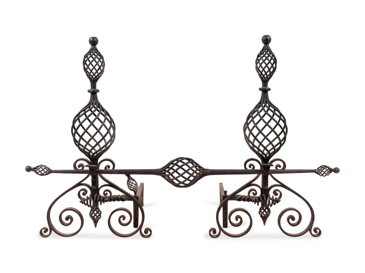 A Pair of Continental Iron Baluster-Twist Andirons