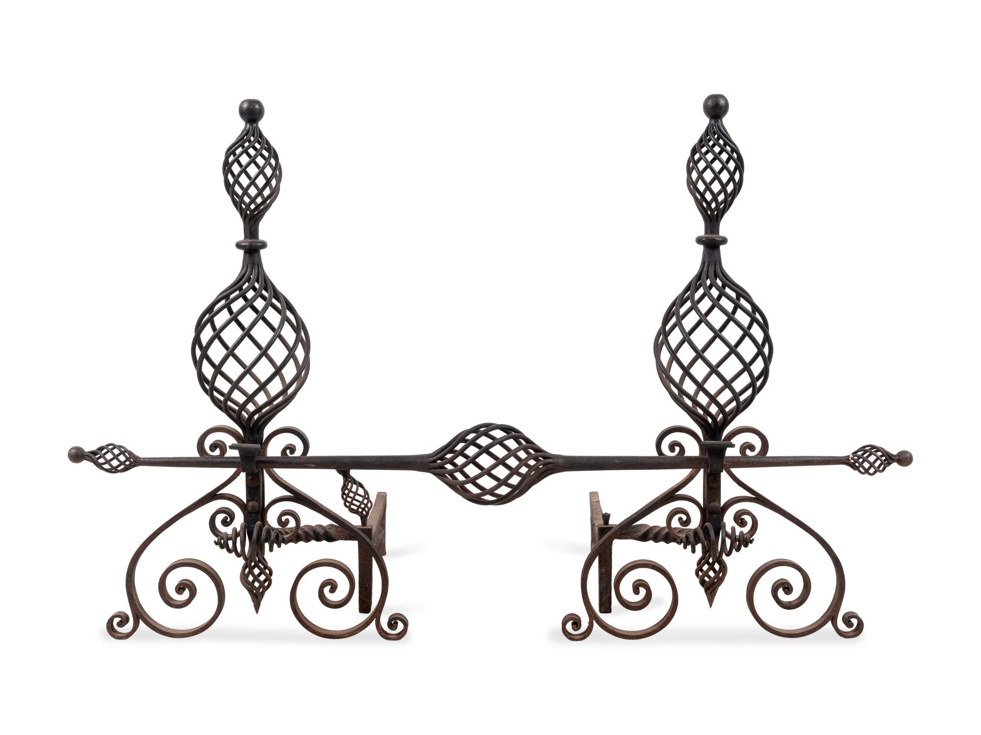 A Pair of Continental Iron Baluster-Twist Andirons