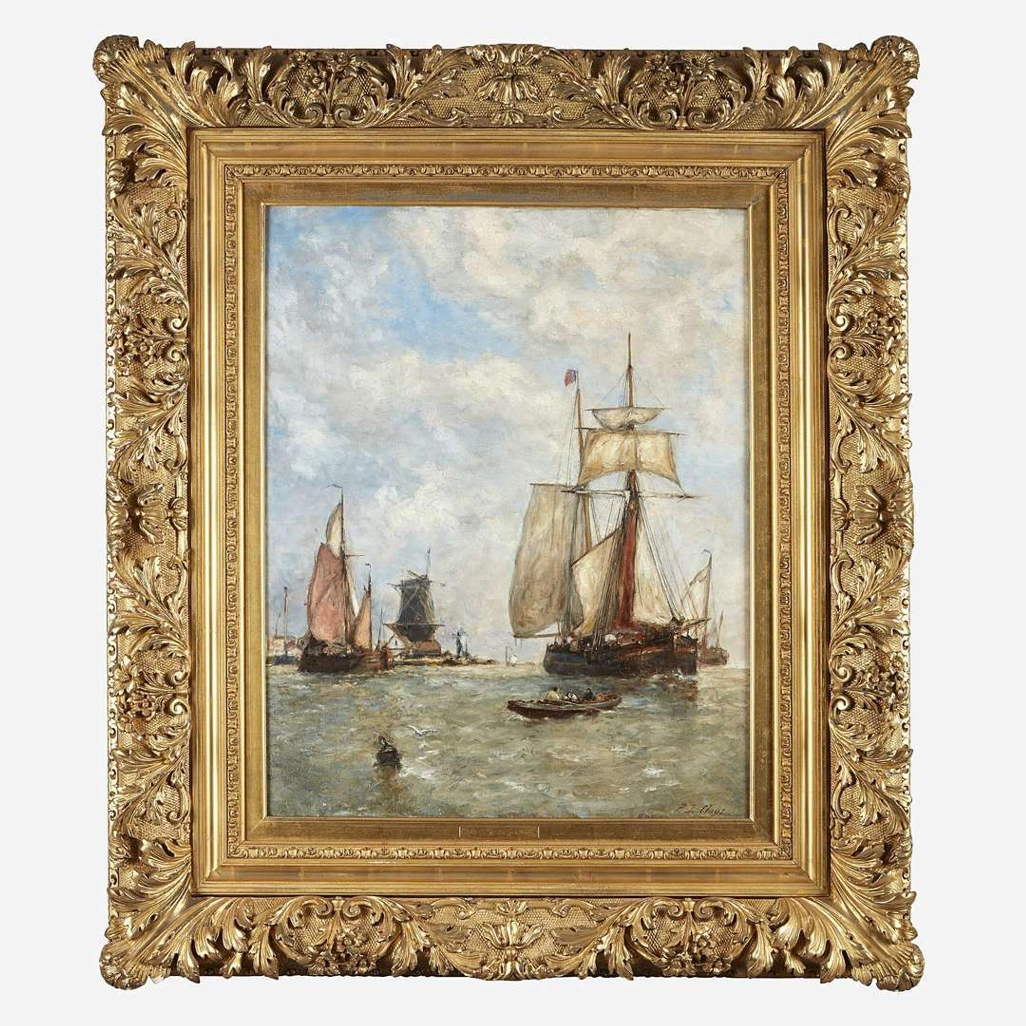 Paul Jean Clays (Belgian, 1819–1900) Barges Moored Before a Windmill