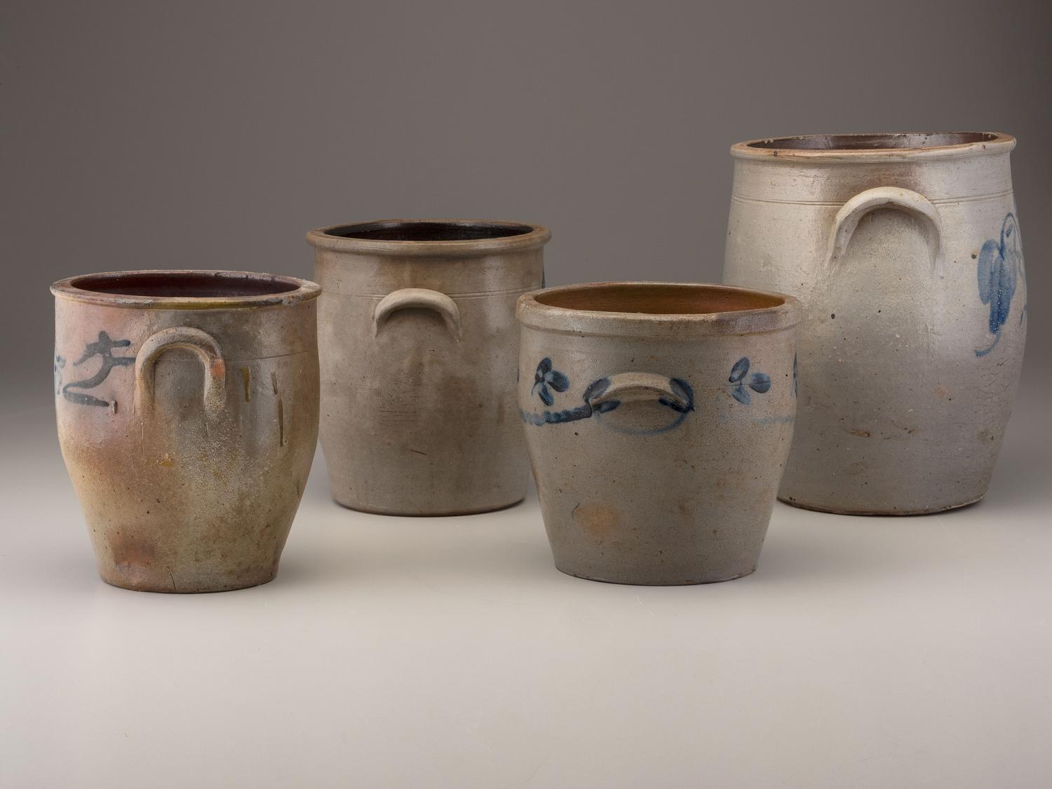 Four Cobalt Decorated Stoneware Crocks
