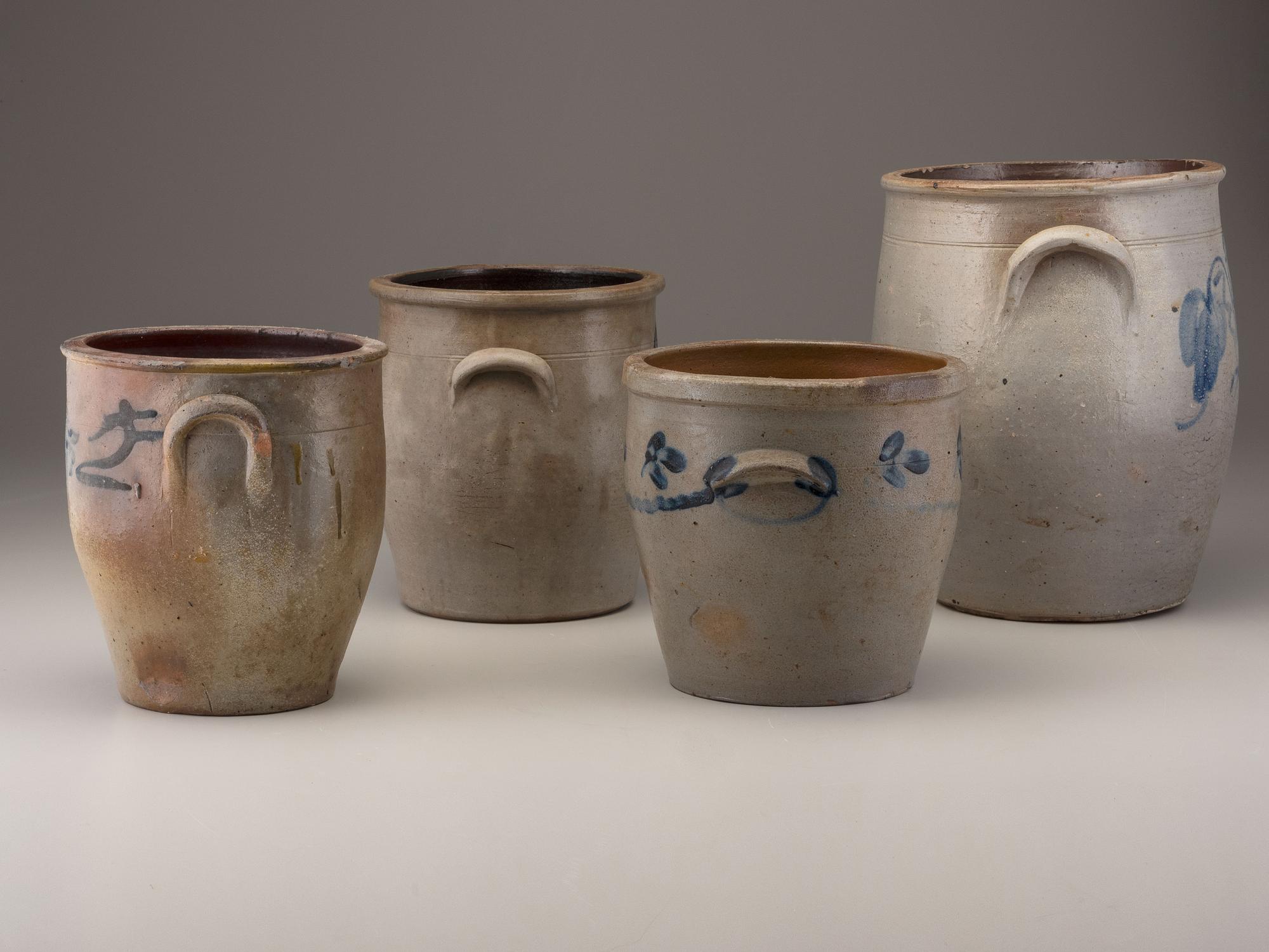 Four Cobalt Decorated Stoneware Crocks