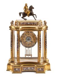 A Champleve Decorated Bronze Mantel Clock Height 17 1/2 inches.