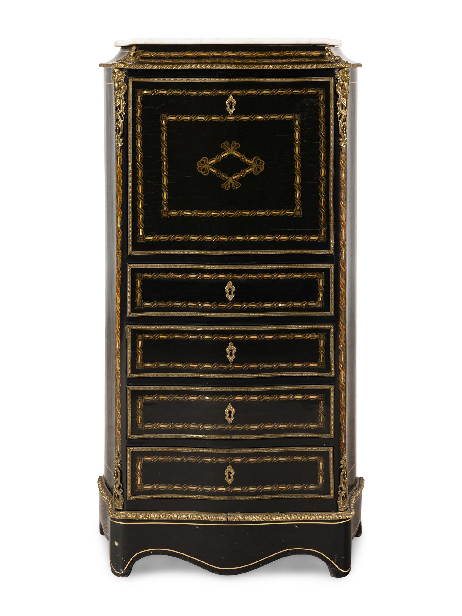 RELEASED TO OWNER -- A Napoleon III Style Inlaid and Marble-Top Secrétaire à Abbatant