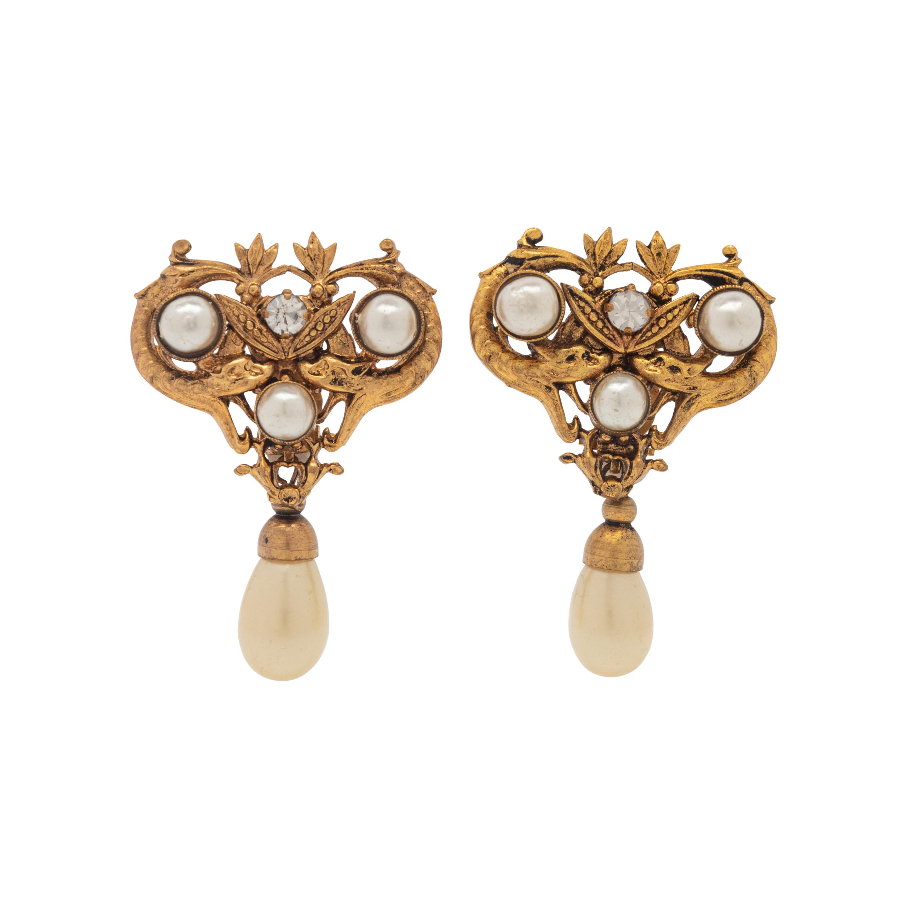 Chanel Faux Pearl Drop Filigree Ear Clips, 1983