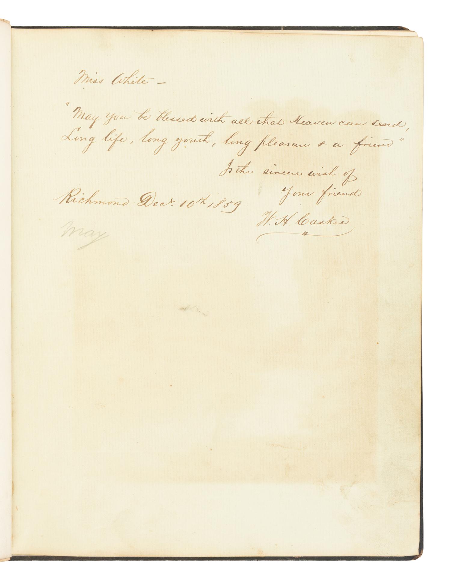 BOOTH, John Wilkes (1838-1865). Autograph manuscript, signed ("J. Wilkes Booth"), 18 February 1860. [Inscribed in a Forget-Me-Not Album].
