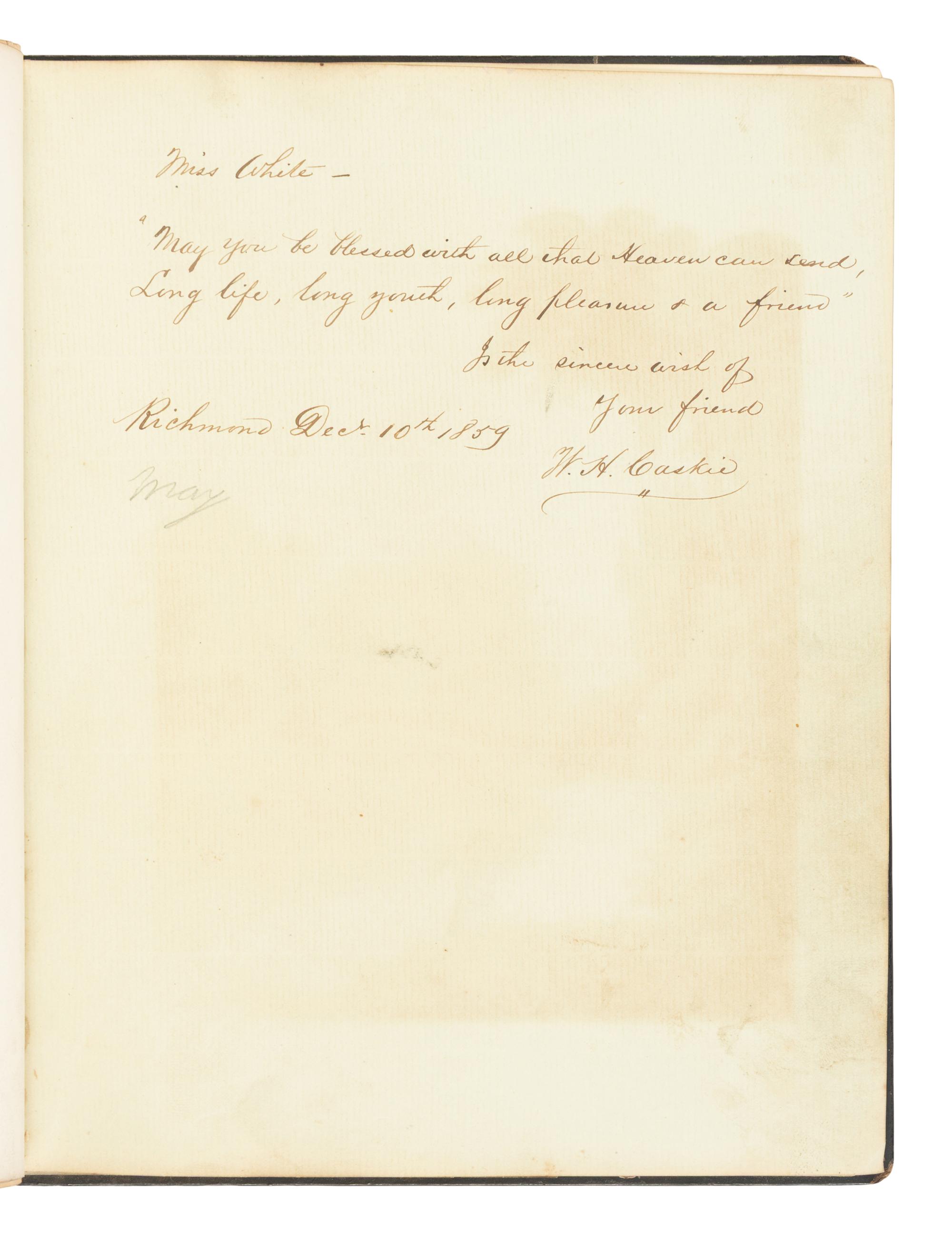 BOOTH, John Wilkes (1838-1865). Autograph manuscript, signed ("J. Wilkes Booth"), 18 February 1860. [Inscribed in a Forget-Me-Not Album].