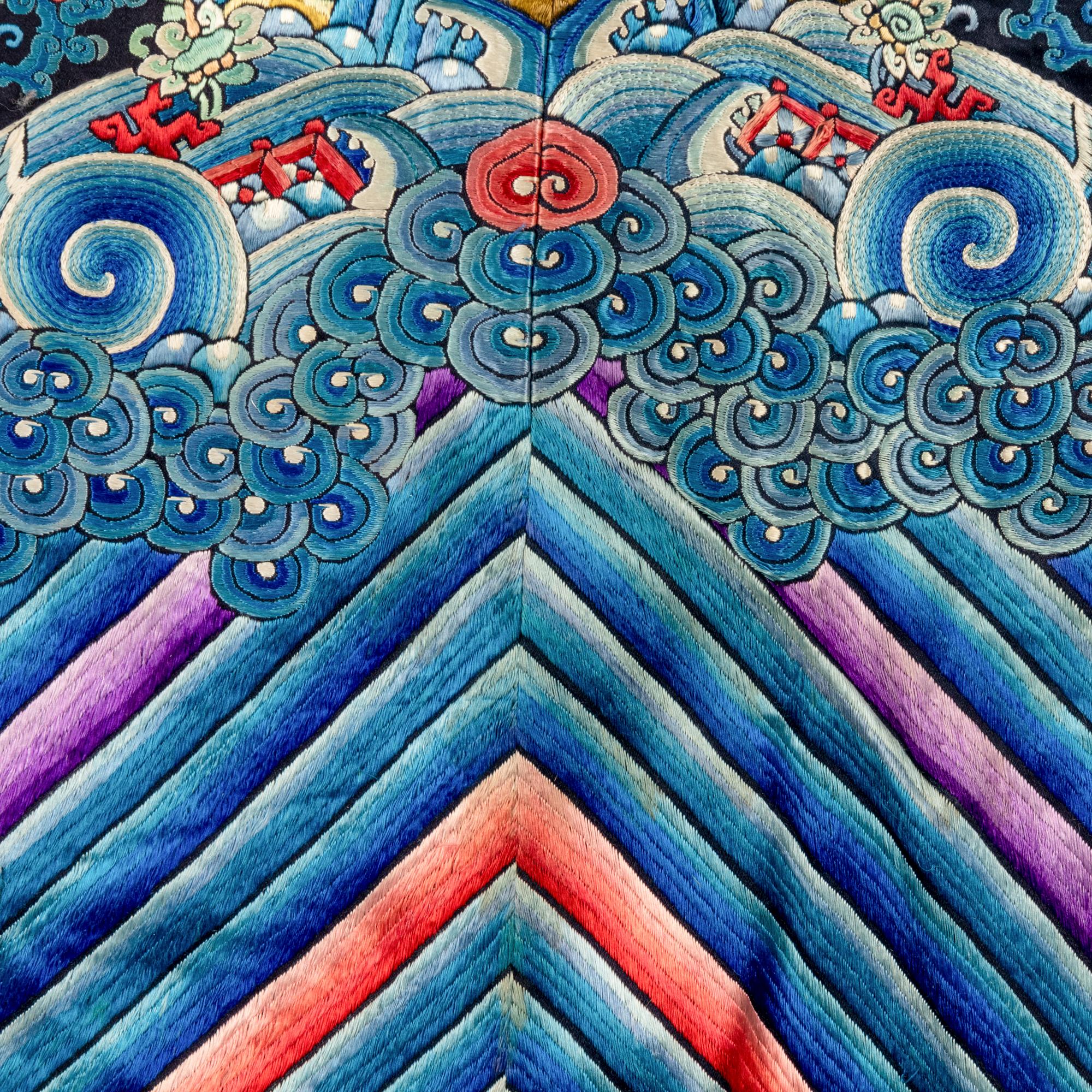 A Chinese Dark Navy Ground Embroidered Silk 'Dragon' Robe, 19th Century 清晚期 石青緞繡八團五爪龍褂