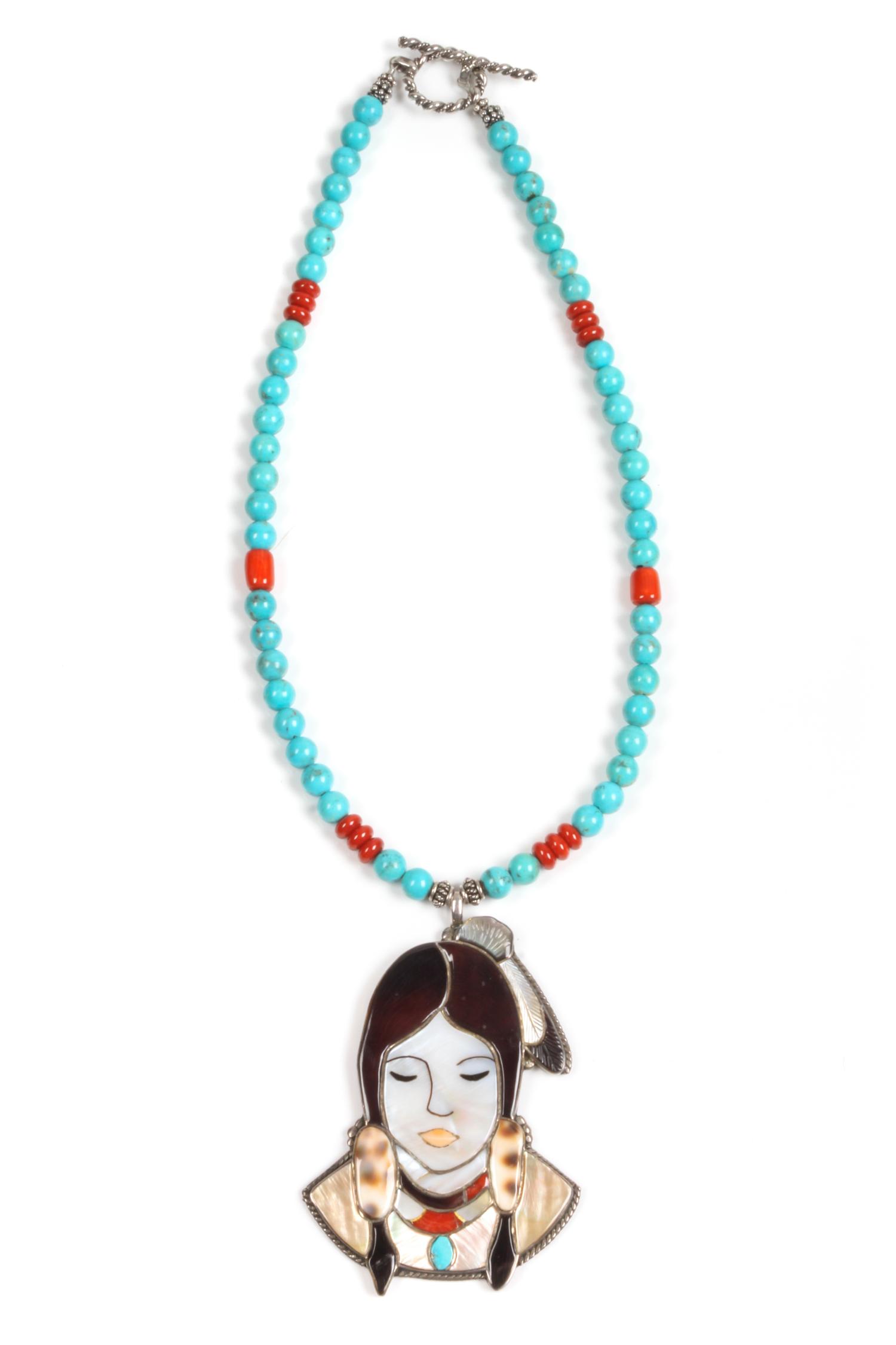 Virgil and Shirley Benn (Zuni, 20th Century) Mosaic Inlay Pendant Height of pendant 3 1/4 inches