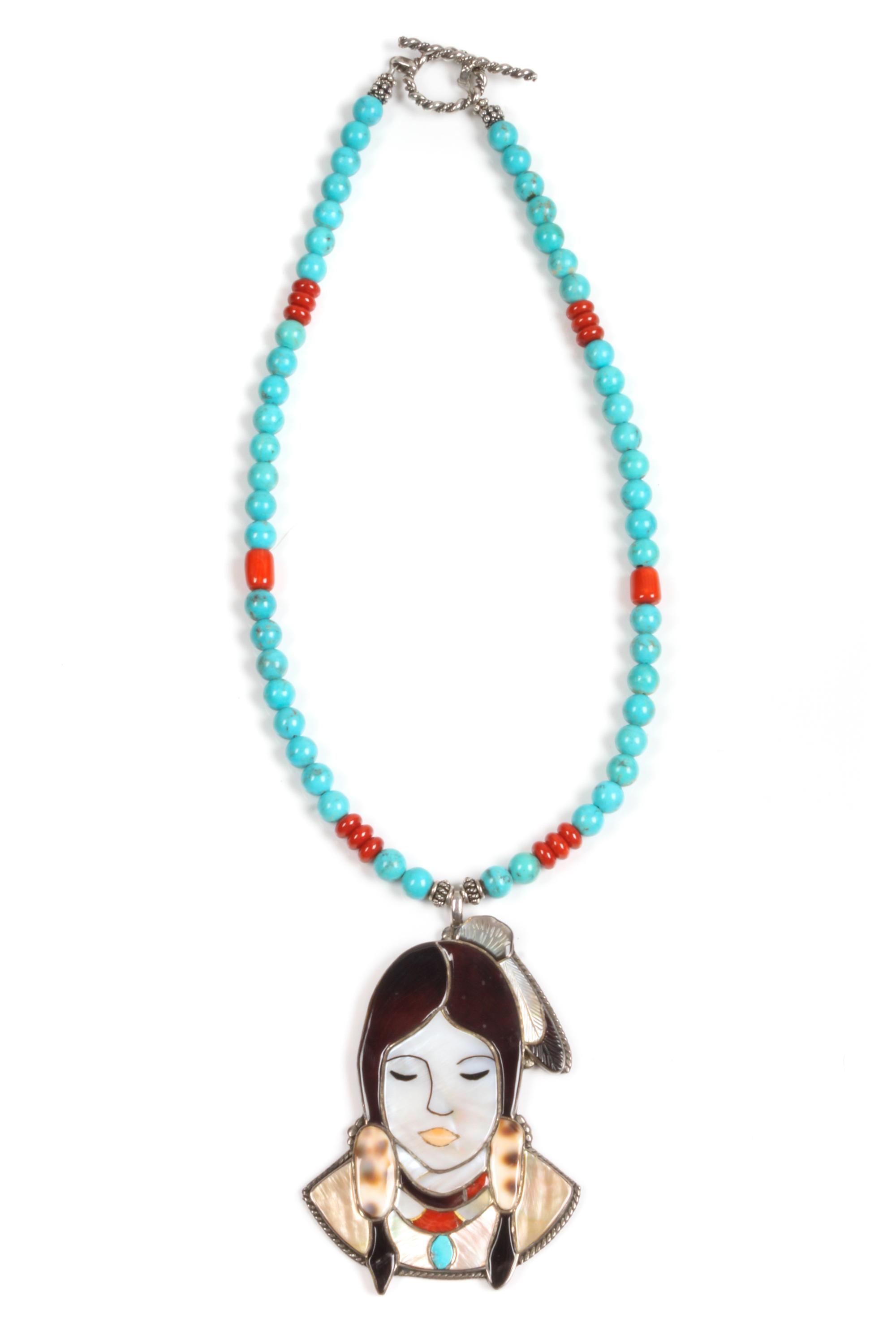 Virgil and Shirley Benn (Zuni, 20th Century) Mosaic Inlay Pendant Height of pendant 3 1/4 inches