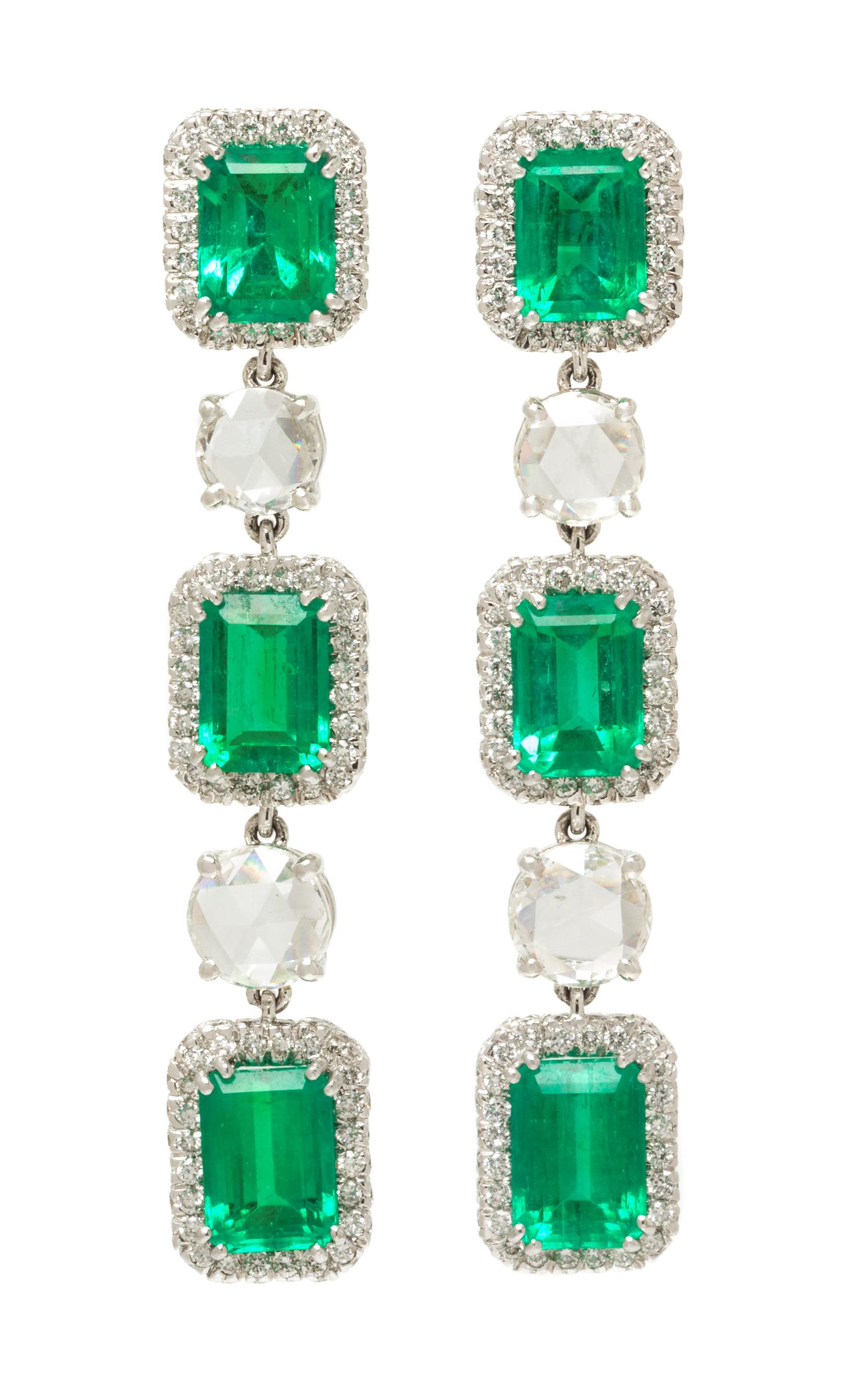 A Pair of White Gold, Emerald and Diamond Drop Earrings, 10.50 dwts.