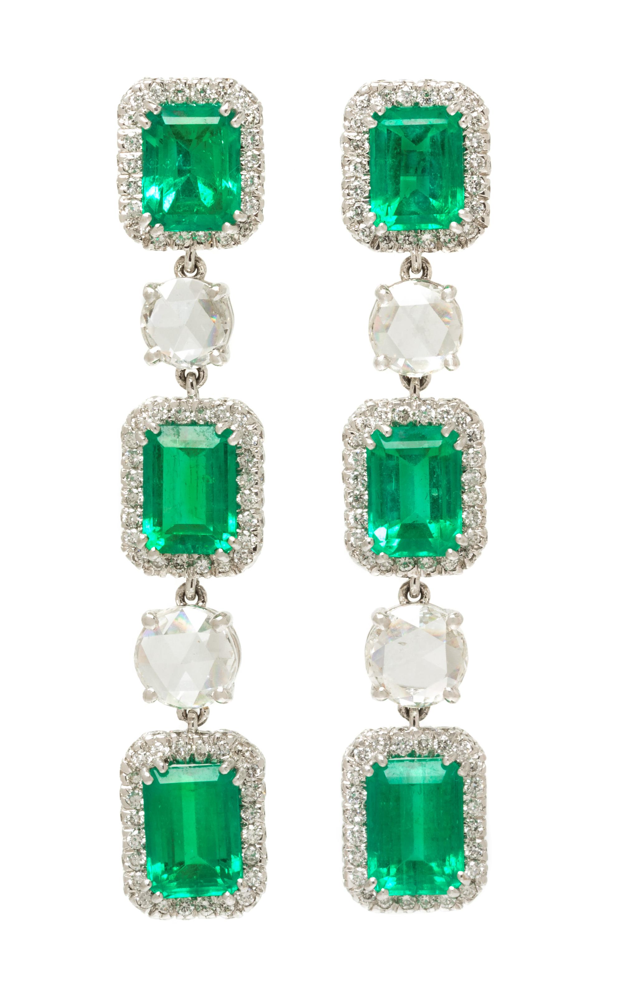 A Pair of White Gold, Emerald and Diamond Drop Earrings, 10.50 dwts.