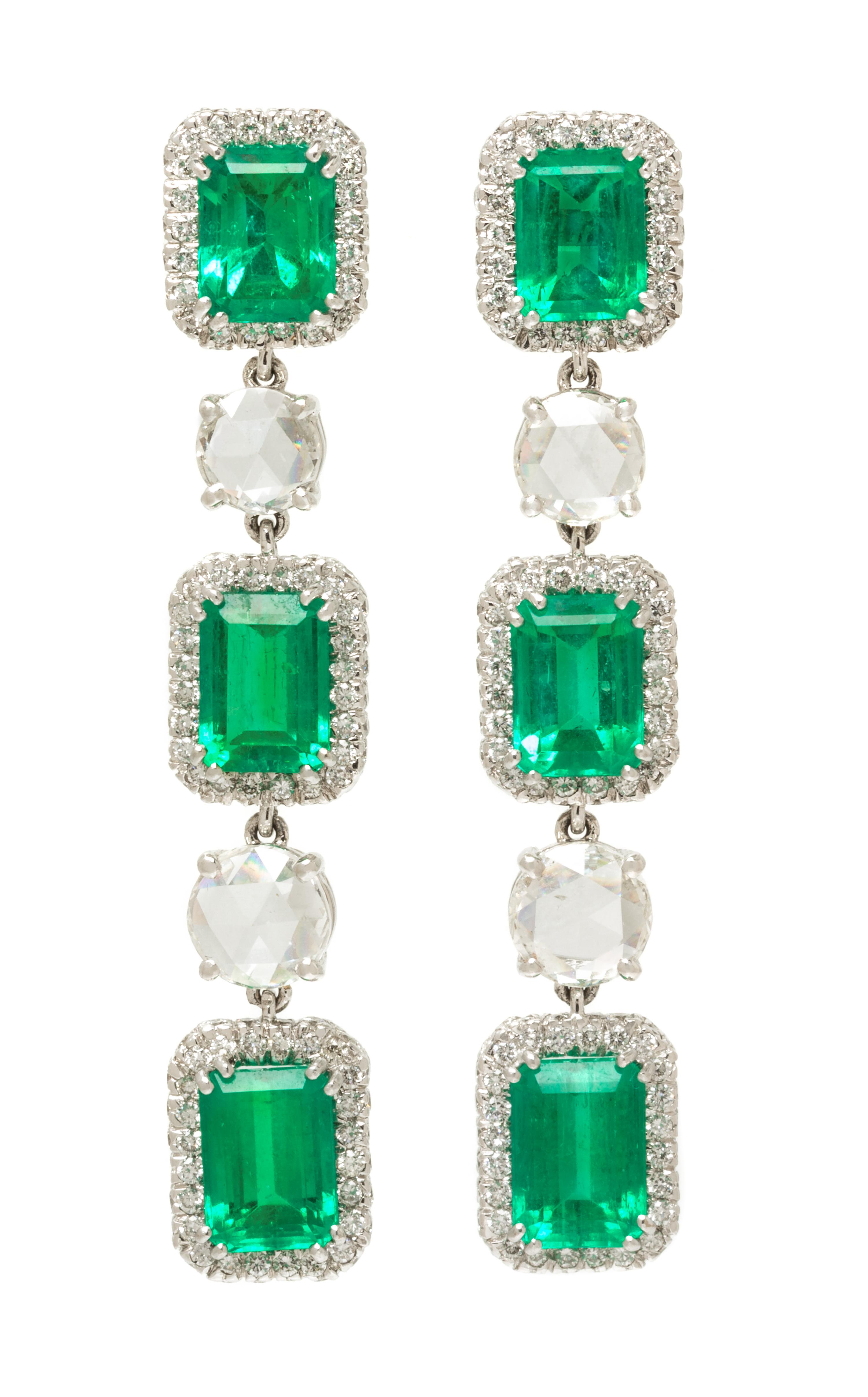 A Pair of White Gold, Emerald and Diamond Drop Earrings, 10.50 dwts.