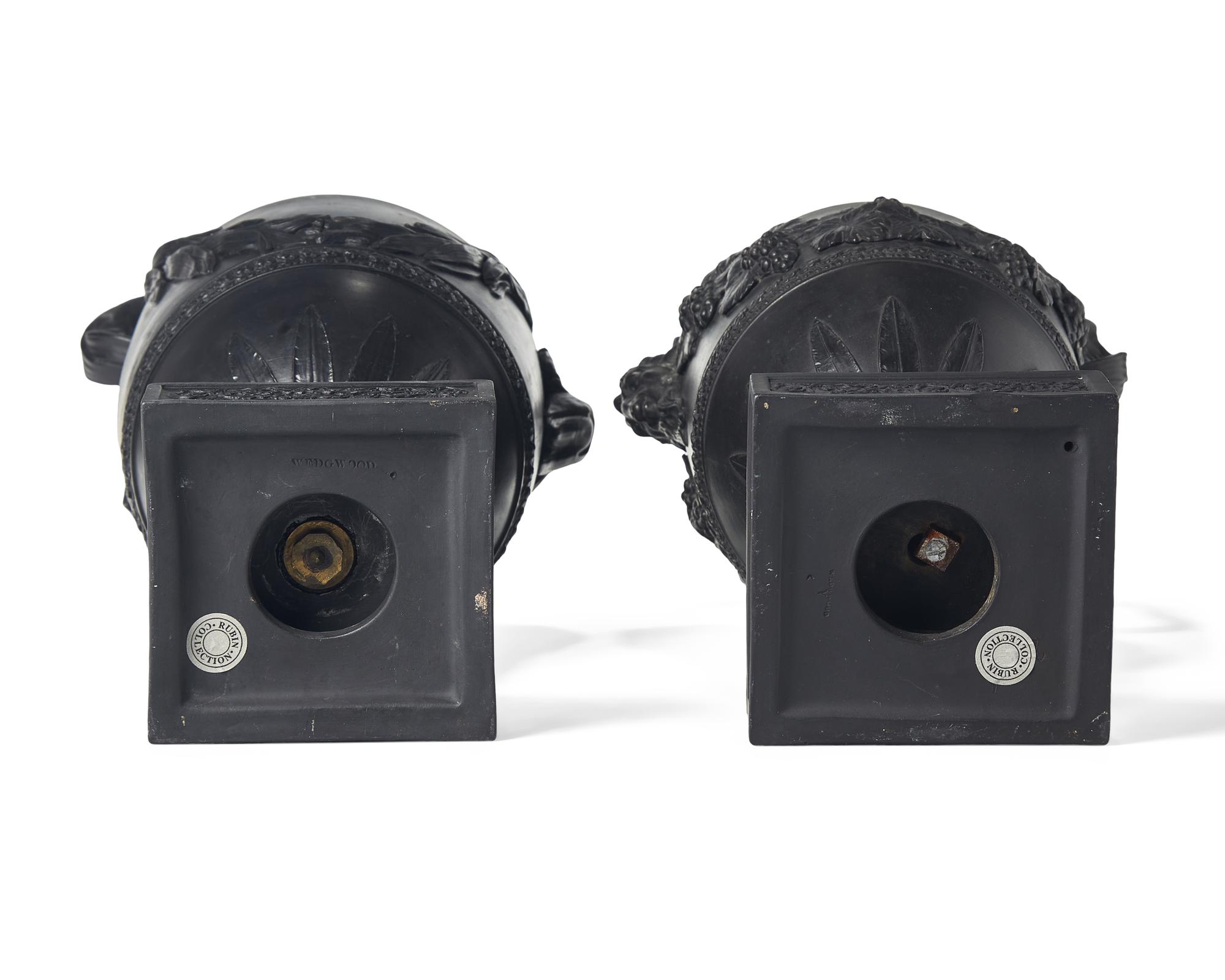 A Pair of Wedgwood Black Basalt Figural Ewers