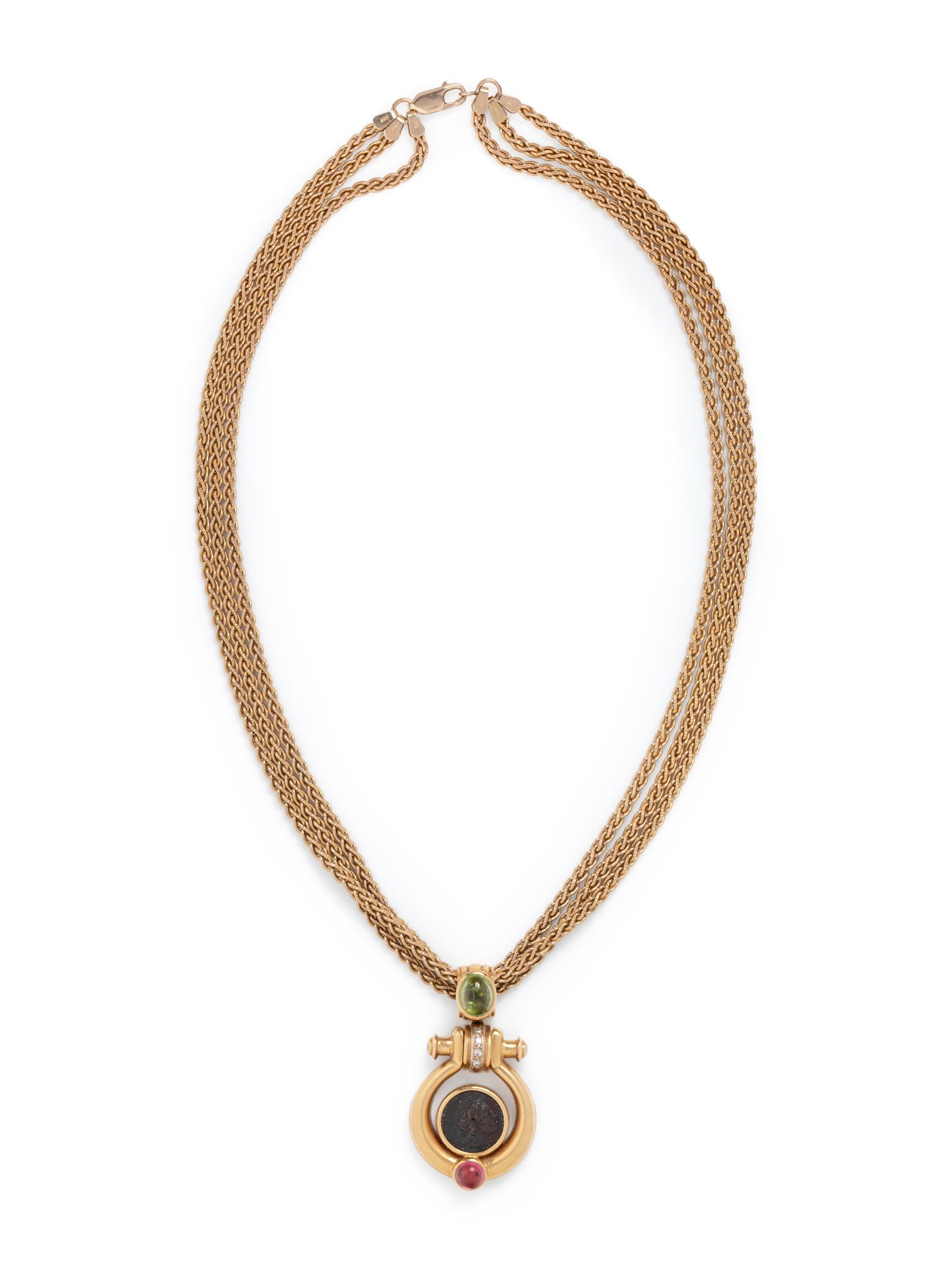 YELLOW GOLD, COIN, GEMSTONE AND DIAMOND PENDANT/NECKLACE