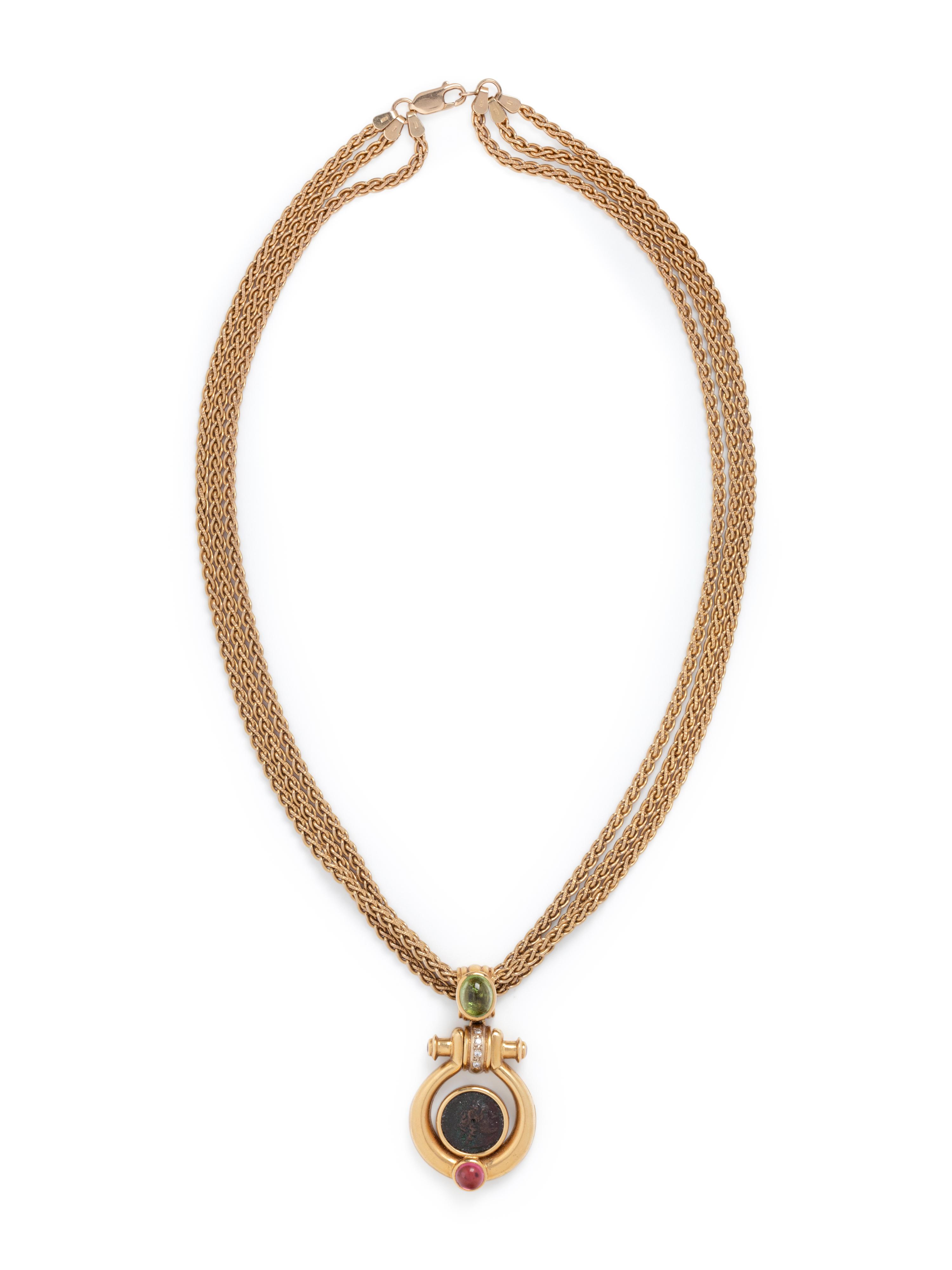 YELLOW GOLD, COIN, GEMSTONE AND DIAMOND PENDANT/NECKLACE