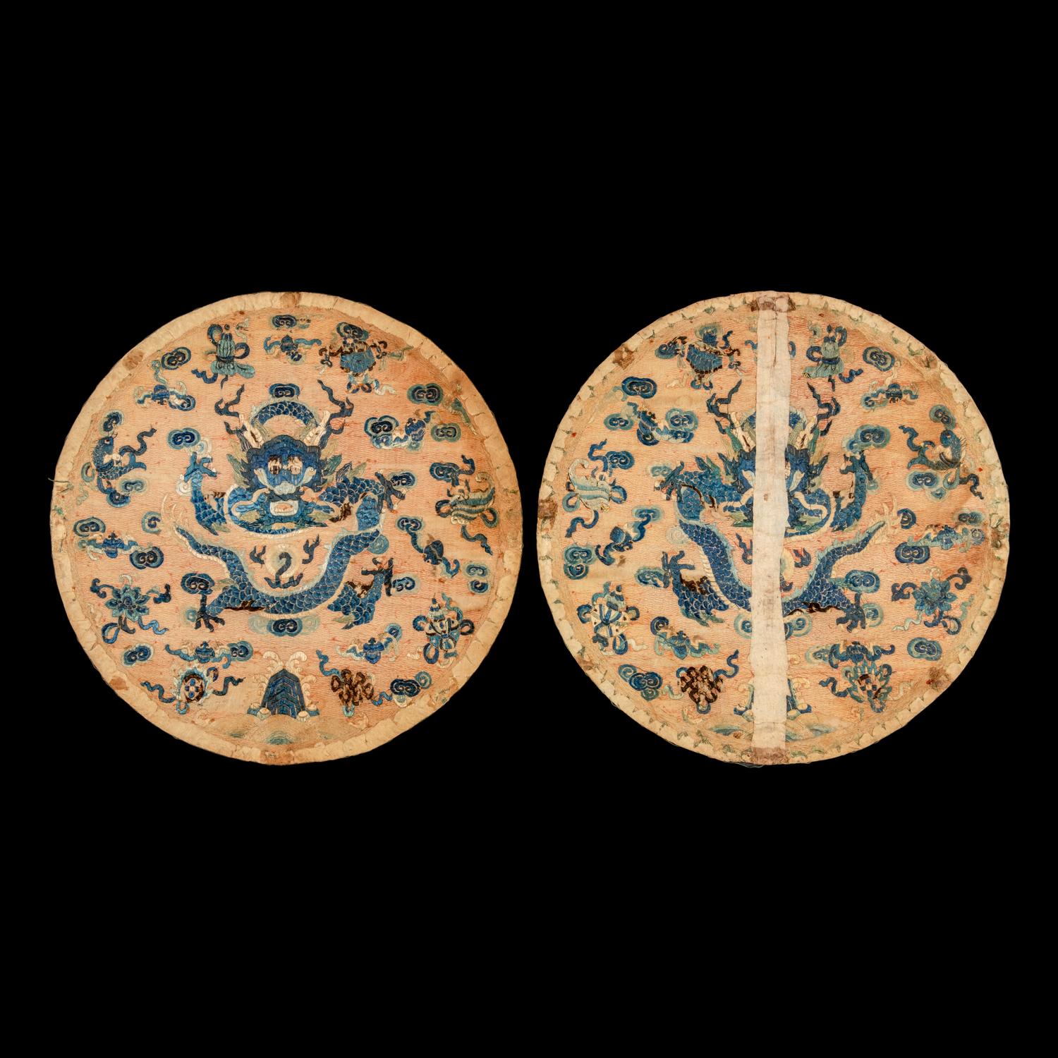 Three Chinese Silk 'Dragon' Panels, 19th-Early 20th Century 晚清-民國 捻金地龍紋綉片一對及藍地龍紋 緙絲一幅