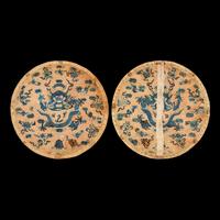 Three Chinese Silk 'Dragon' Panels, 19th-Early 20th Century 晚清-民國 捻金地龍紋綉片一對及藍地龍紋 緙絲一幅