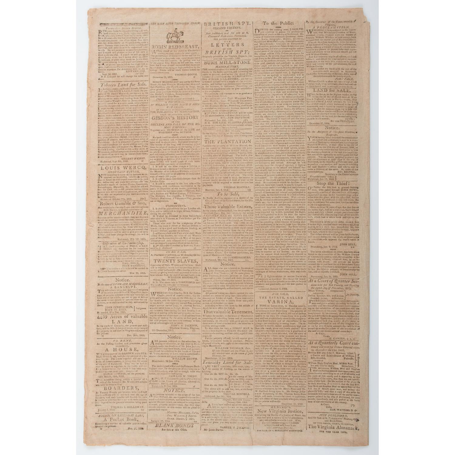 Virginia Argus , Rare 1804 Newspaper Featuring Advertisement for Slavery Auction at the Raleigh Tavern, Williamsburg