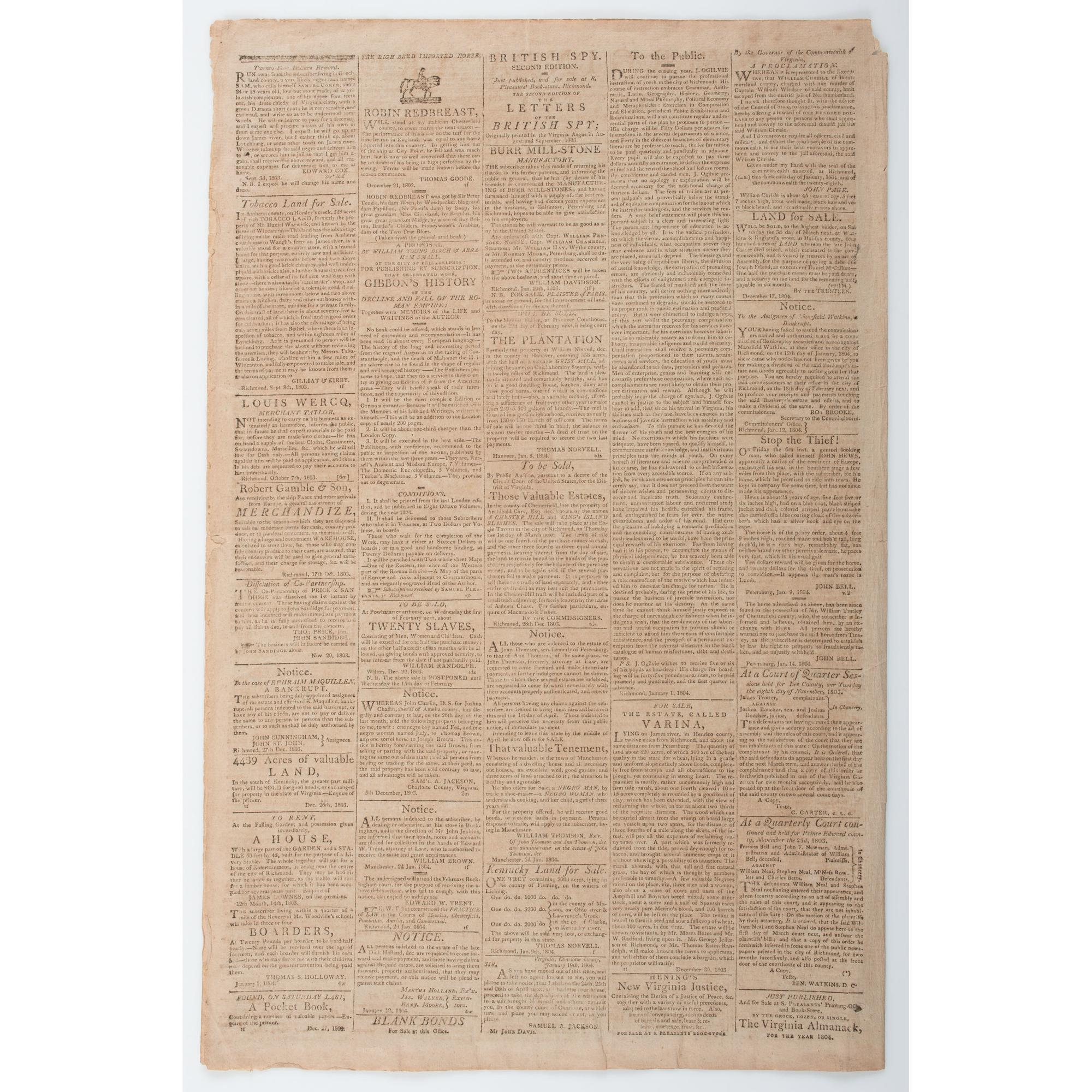 Virginia Argus , Rare 1804 Newspaper Featuring Advertisement for Slavery Auction at the Raleigh Tavern, Williamsburg