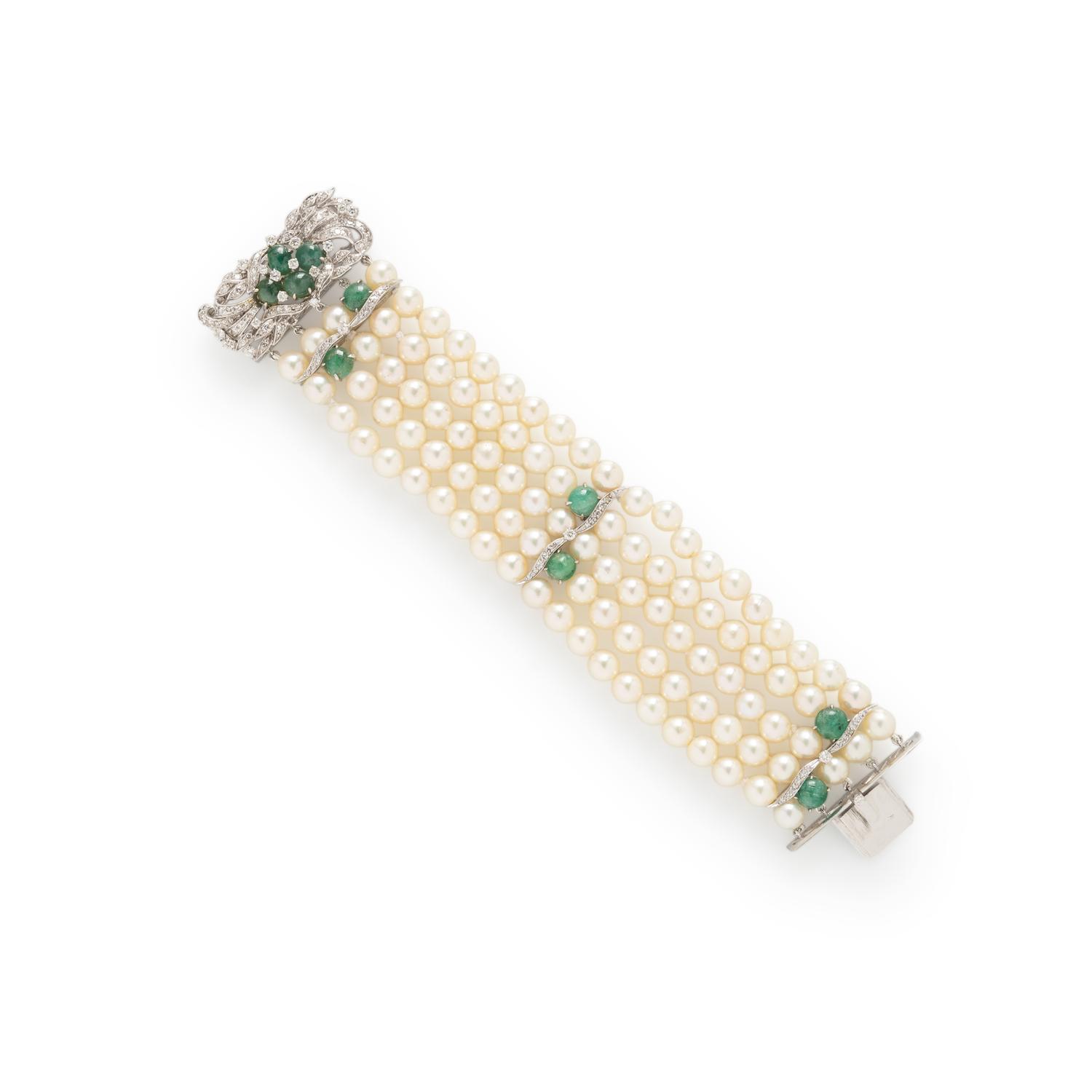 CULTURED PEARL, EMERALD, DIAMOND, AND PLATINUM BRACELET