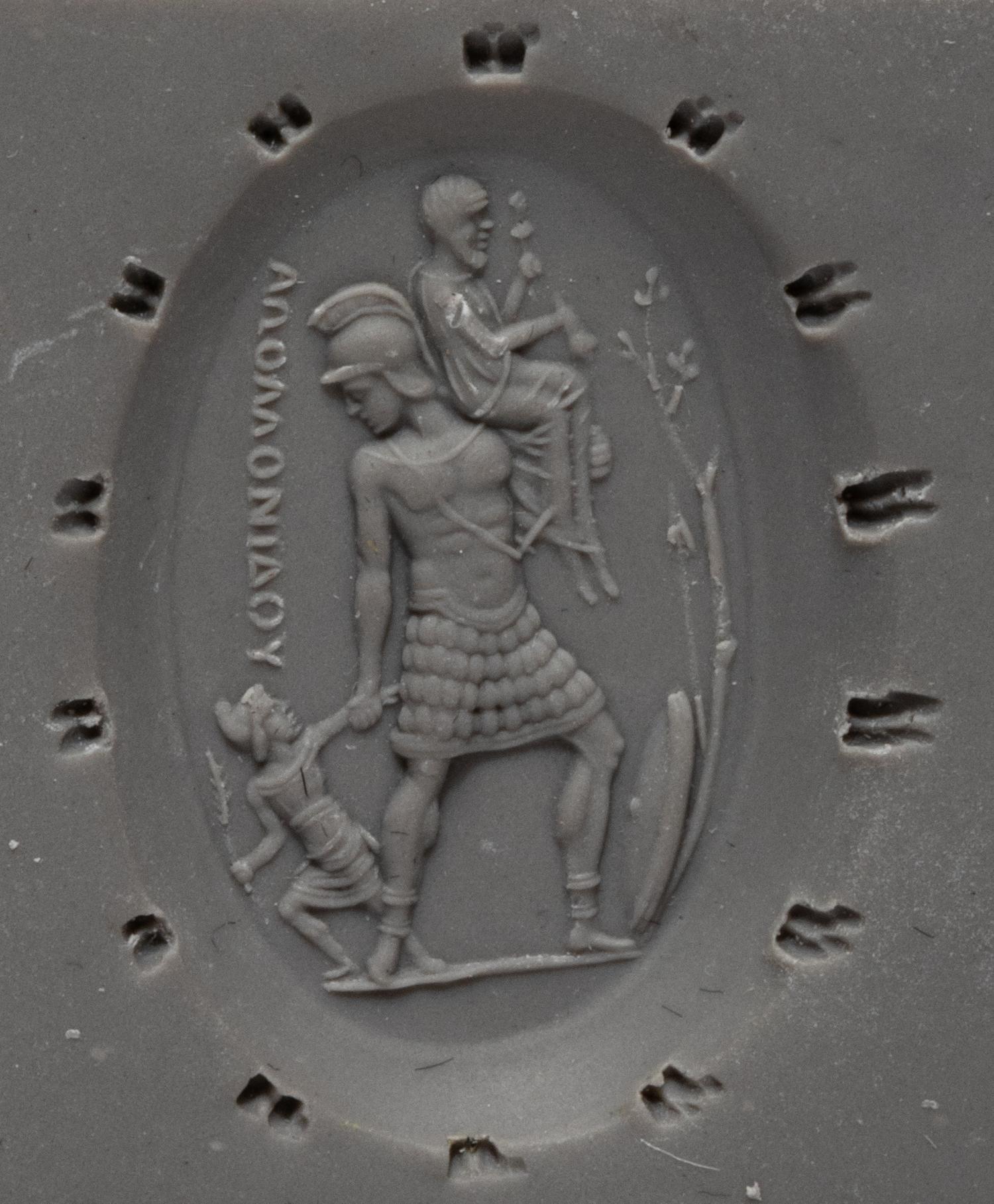 A Neoclassical Gold and Nicolo Brooch with the Family of Aeneas Quitting Troy — 14k stamp on clasp, signed ΑΠΟΛΛΟΝΙΔΟΥ