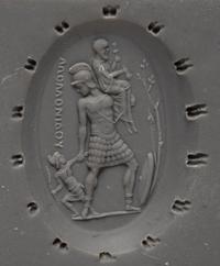 A Neoclassical Gold and Nicolo Brooch with the Family of Aeneas Quitting Troy — 14k stamp on clasp, signed ΑΠΟΛΛΟΝΙΔΟΥ