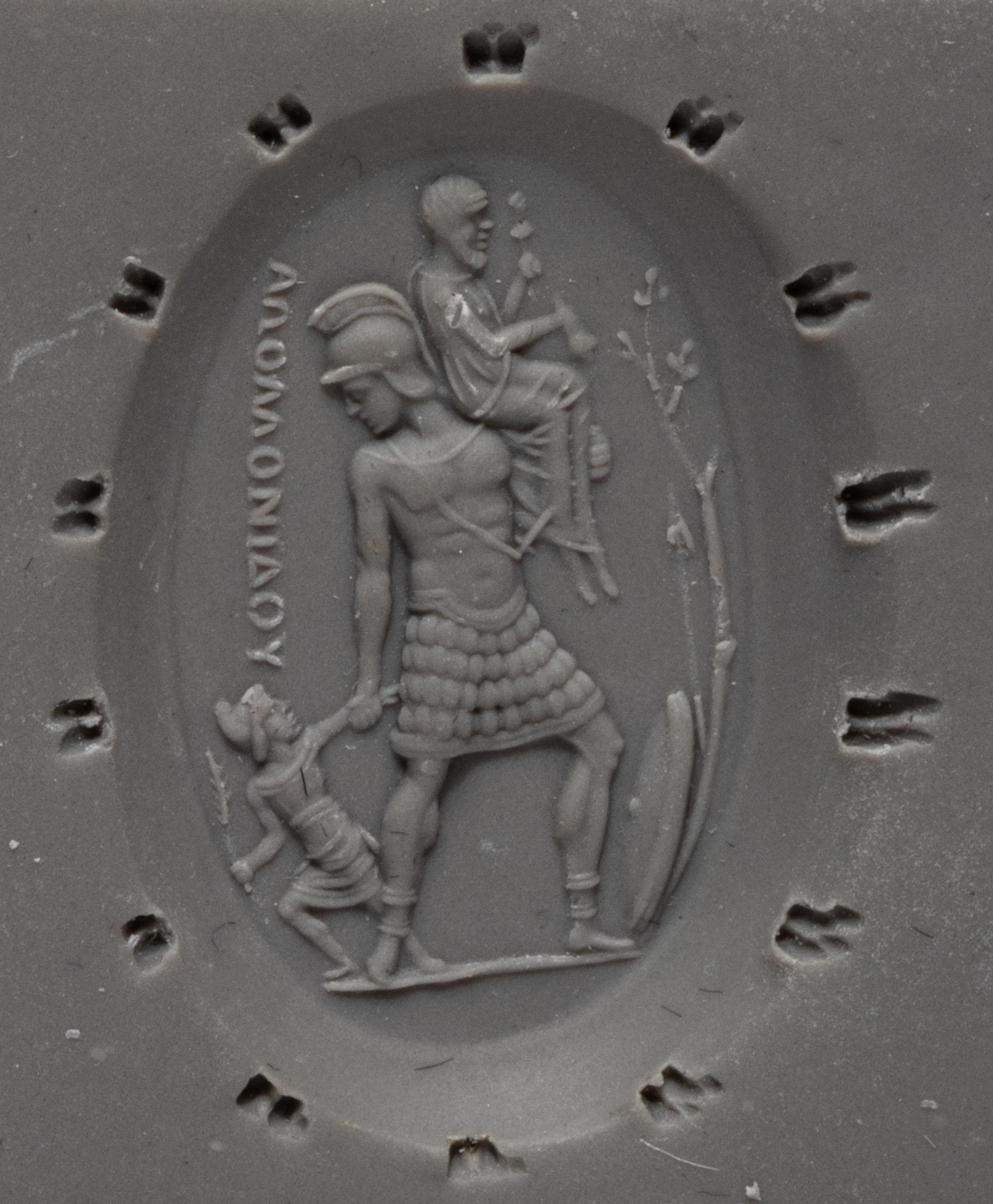 A Neoclassical Gold and Nicolo Brooch with the Family of Aeneas Quitting Troy — 14k stamp on clasp, signed ΑΠΟΛΛΟΝΙΔΟΥ