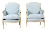 A Pair of Louis XVI Style Carved and Painted Bergeres Height 36 1/2 inches. — LATE 19TH CENTURY