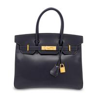 Hermès, Verso Birkin 30 in Bleu Nuit Box Leather & Orange Chevre