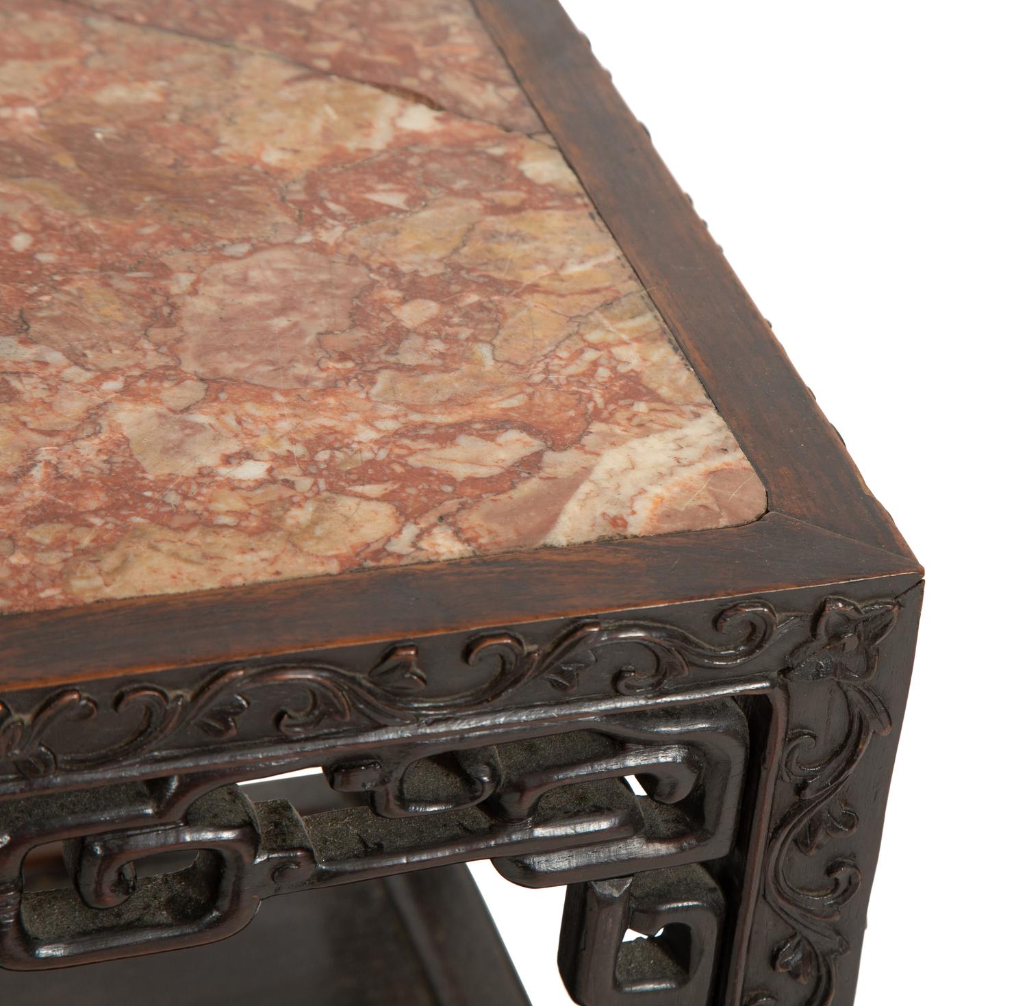 A Pair of Chinese Hardwood Jardinière Stands with Inset Marble Tops