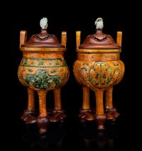 A Pair of Chinese Sancai Glazed Porcelain Tripod Ding Vessels