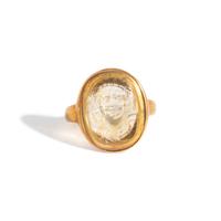 A Roman Citrine Ring Stone with the Bust of a Youthful Satyr — Set in a gold ring