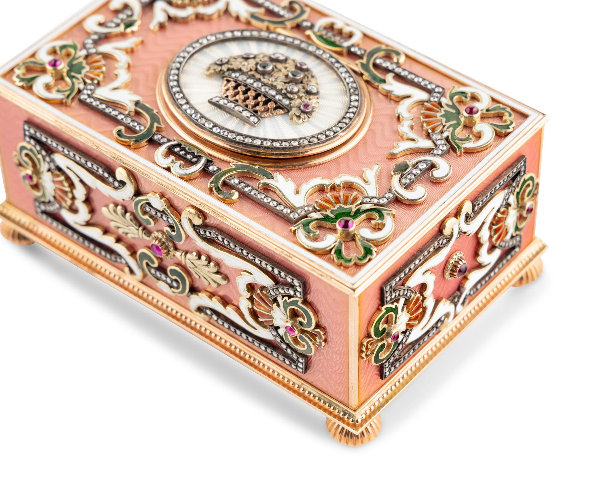 A Continental Gold, Enamel and Jewel-Inset Singing Bird Automaton Box