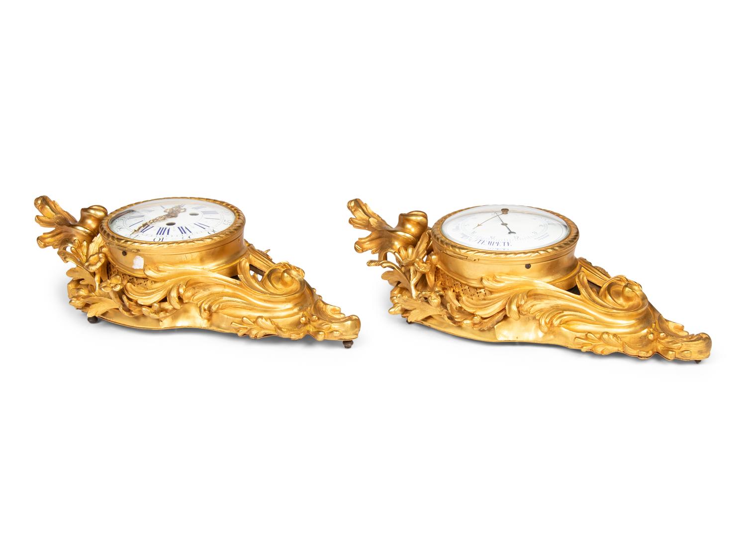 A Louis XV Style Gilt Bronze Cartel Clock and Barometer