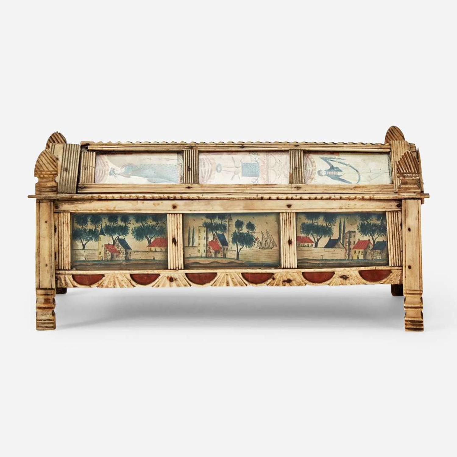 A Prisoner-of-War carved and paint-decorated bone game box circa 1815