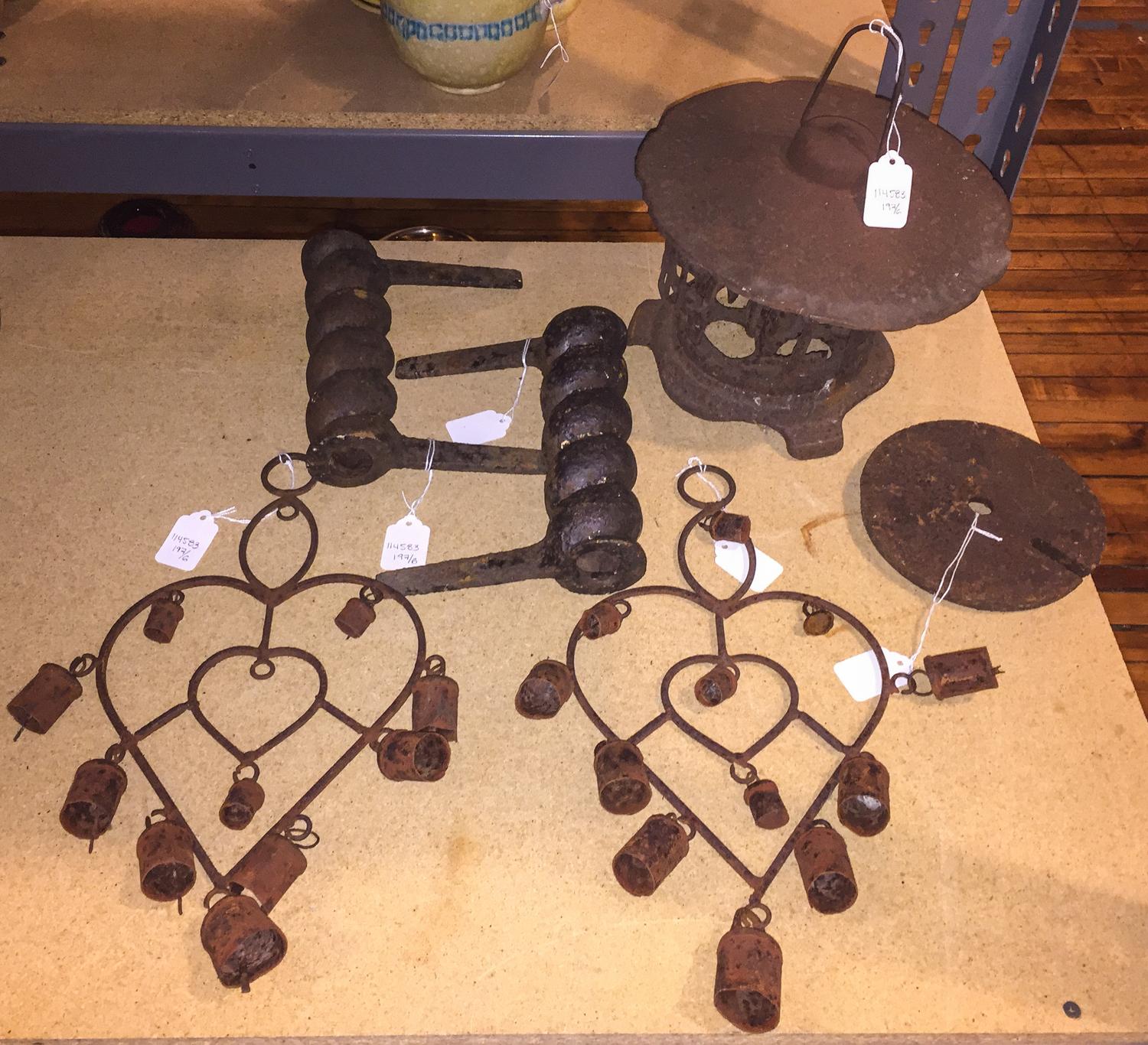 A Group of Wrought Iron Decorative Articles Height of heart shaped ornament 14 1/2 inches.