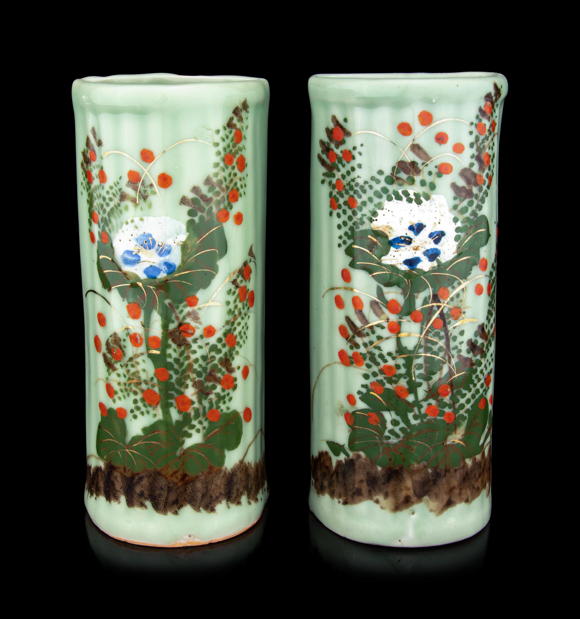 A Pair of Chinese Celadon Ground Famille Rose Porcelain Wall Vases