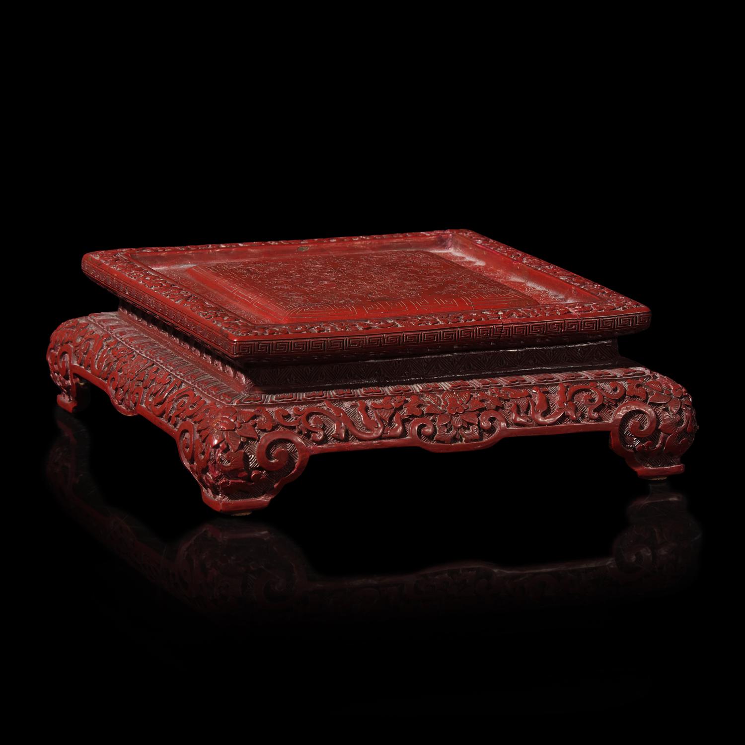 A Chinese Lacquer Square Stand by Lu Kuisheng (1775-1850) made for Guaerjia Binliang (1784-1847) 清嘉慶-道光 盧 葵 生為瓜尔佳·斌良製雕漆方座