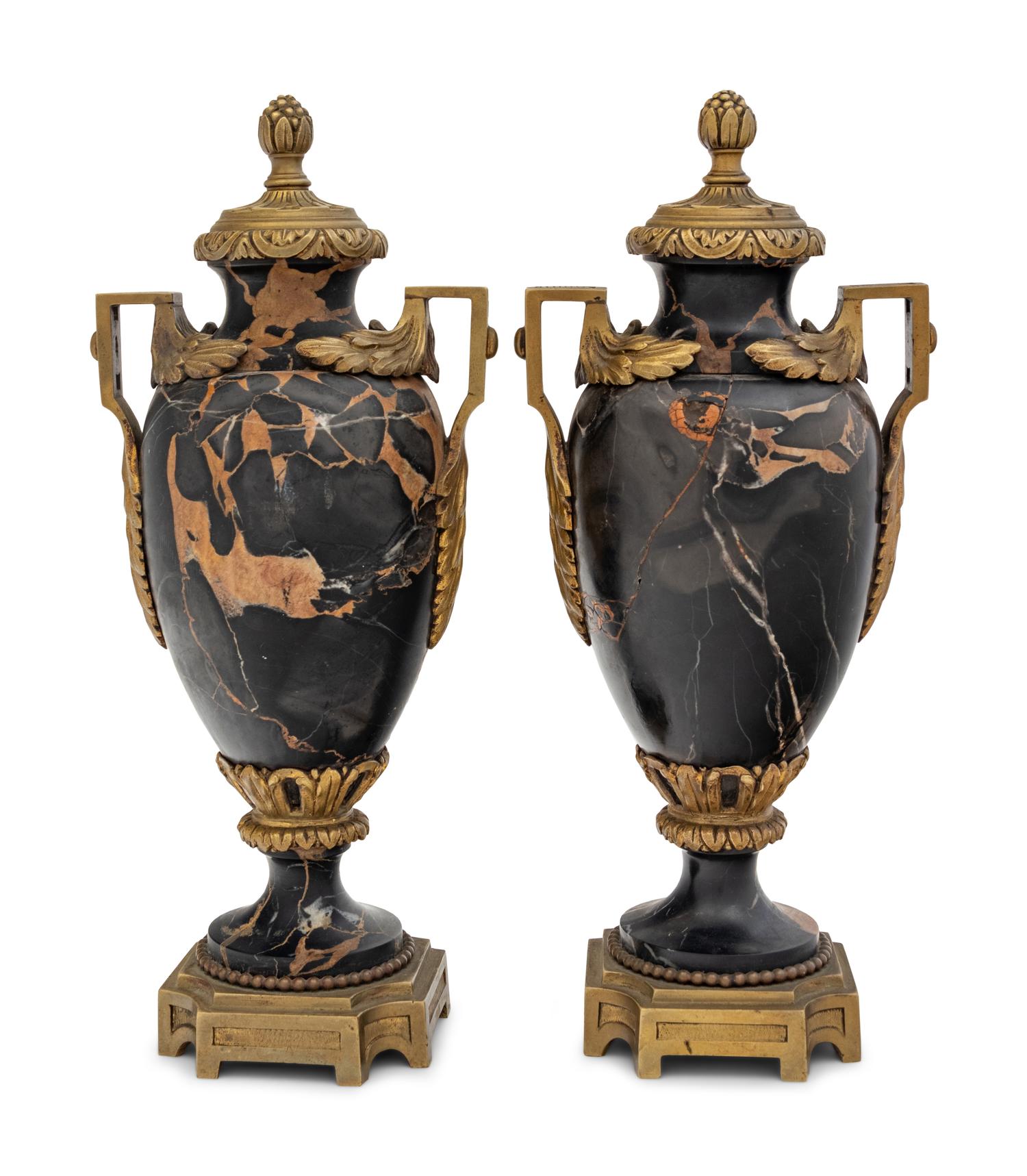 A Pair of Continental Gilt Bronze and Marble Urns