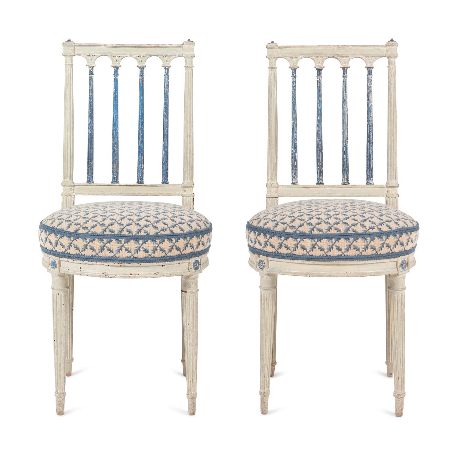 A Set of Four Louis XVI Blue and White-Painted Side Chairs